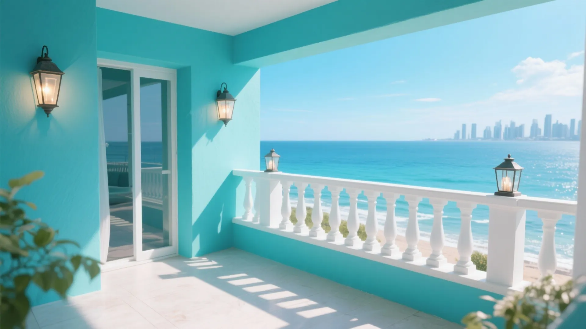 Bright blue coastal balcony with white railing wall light fixtures and a beautiful ocean view scenery