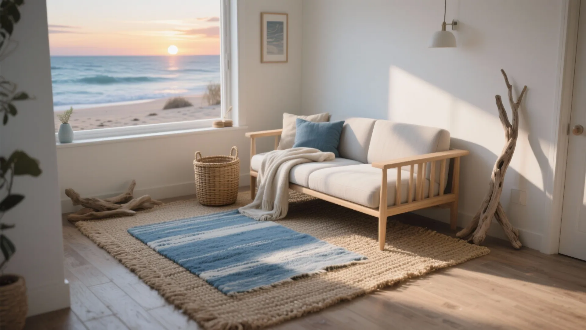 Coastal living room with white sofa blue rug large window showing beach sunset and ocean