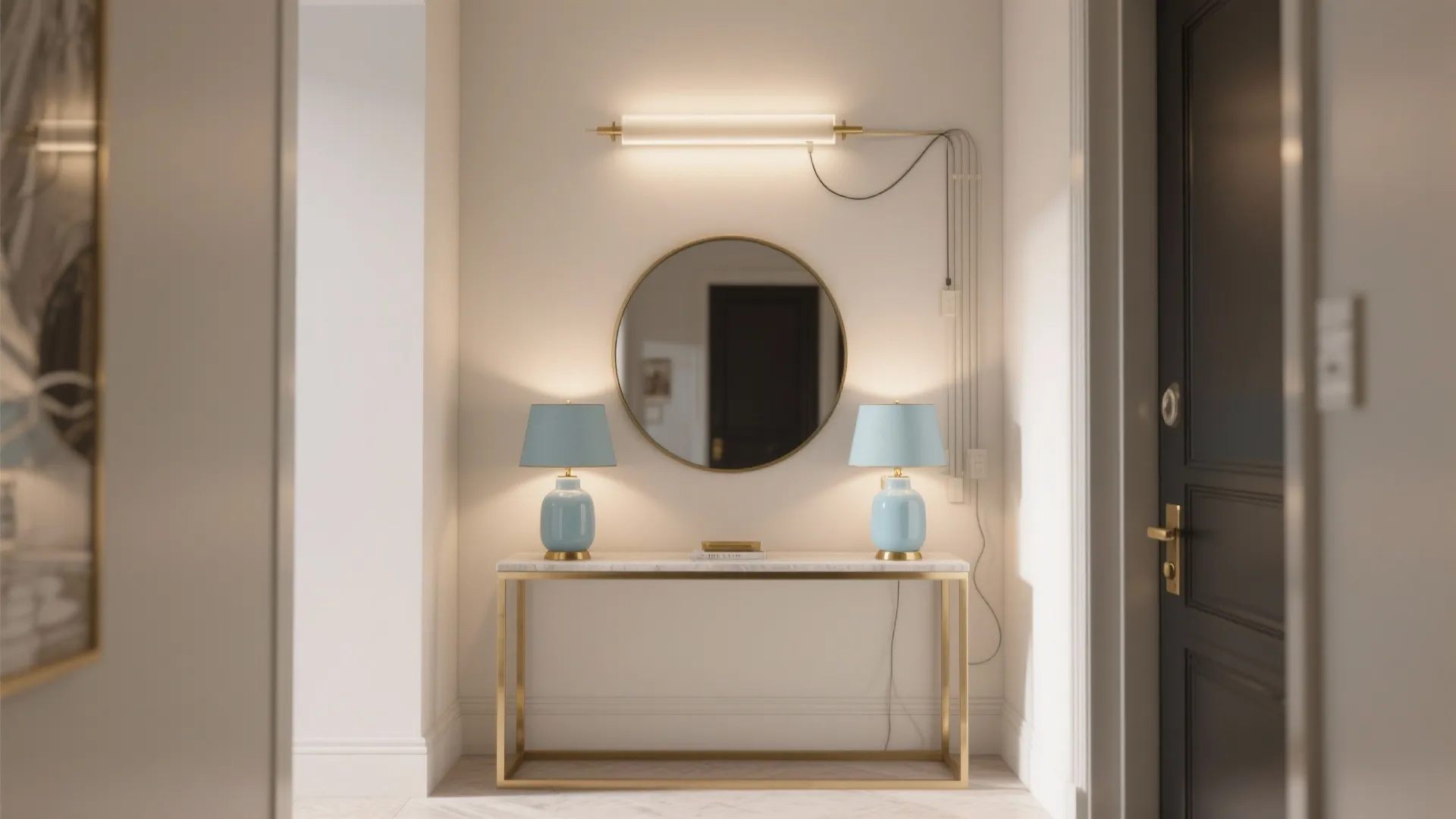 Entryway with two blue table lamps on marble table below round mirror and wall light