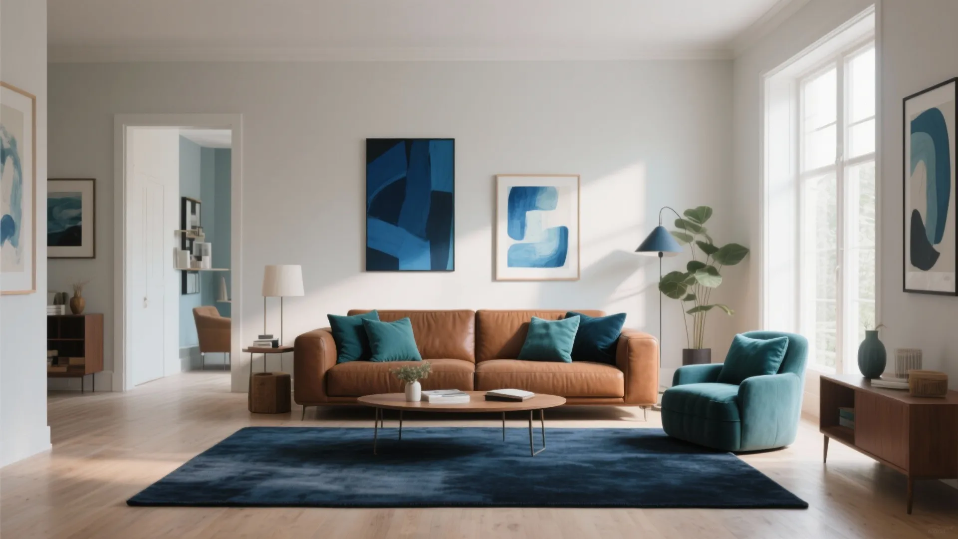 Modern living room with brown leather sofa teal cushions blue rug round coffee table and art
