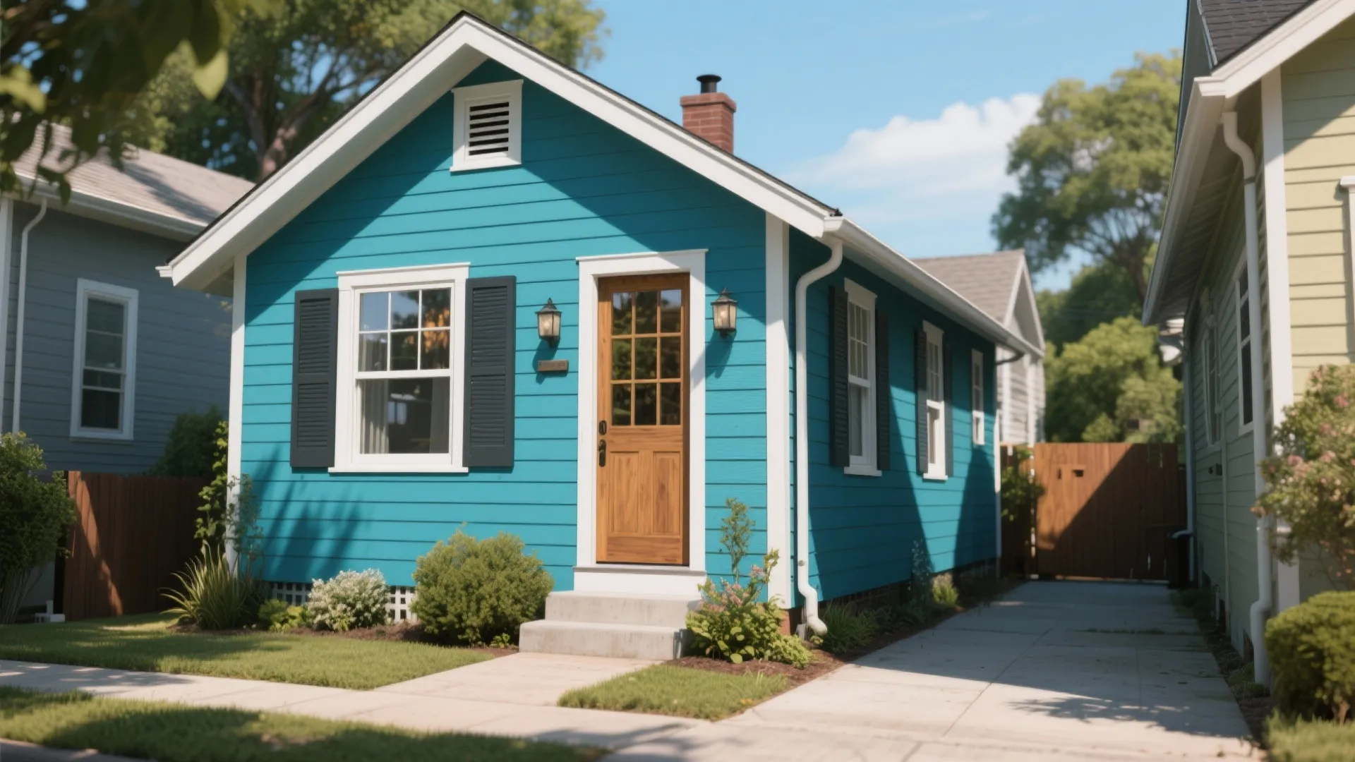 Bright blue single story house with white trim a wooden front door and black shutters