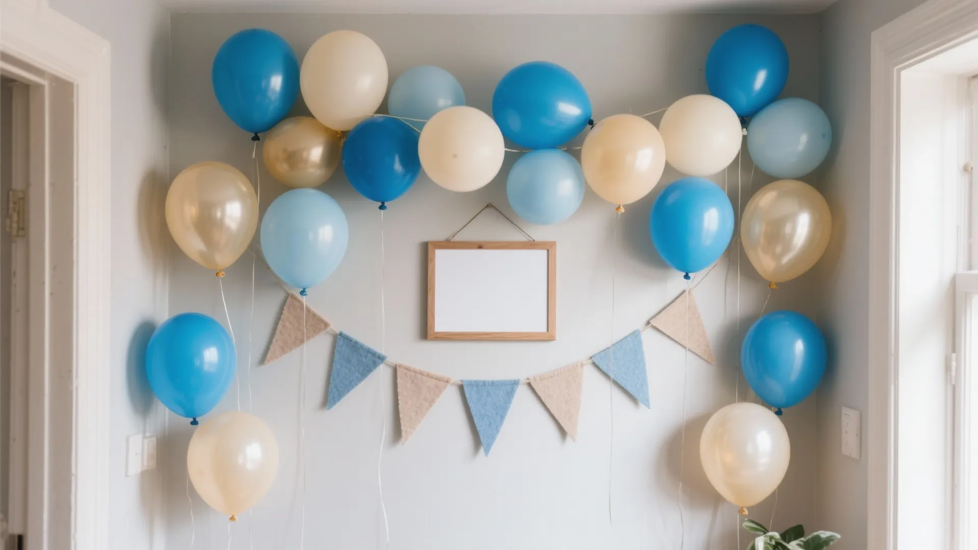 Soft Blues + Neutrals: Balloon Garland and Banner Layering