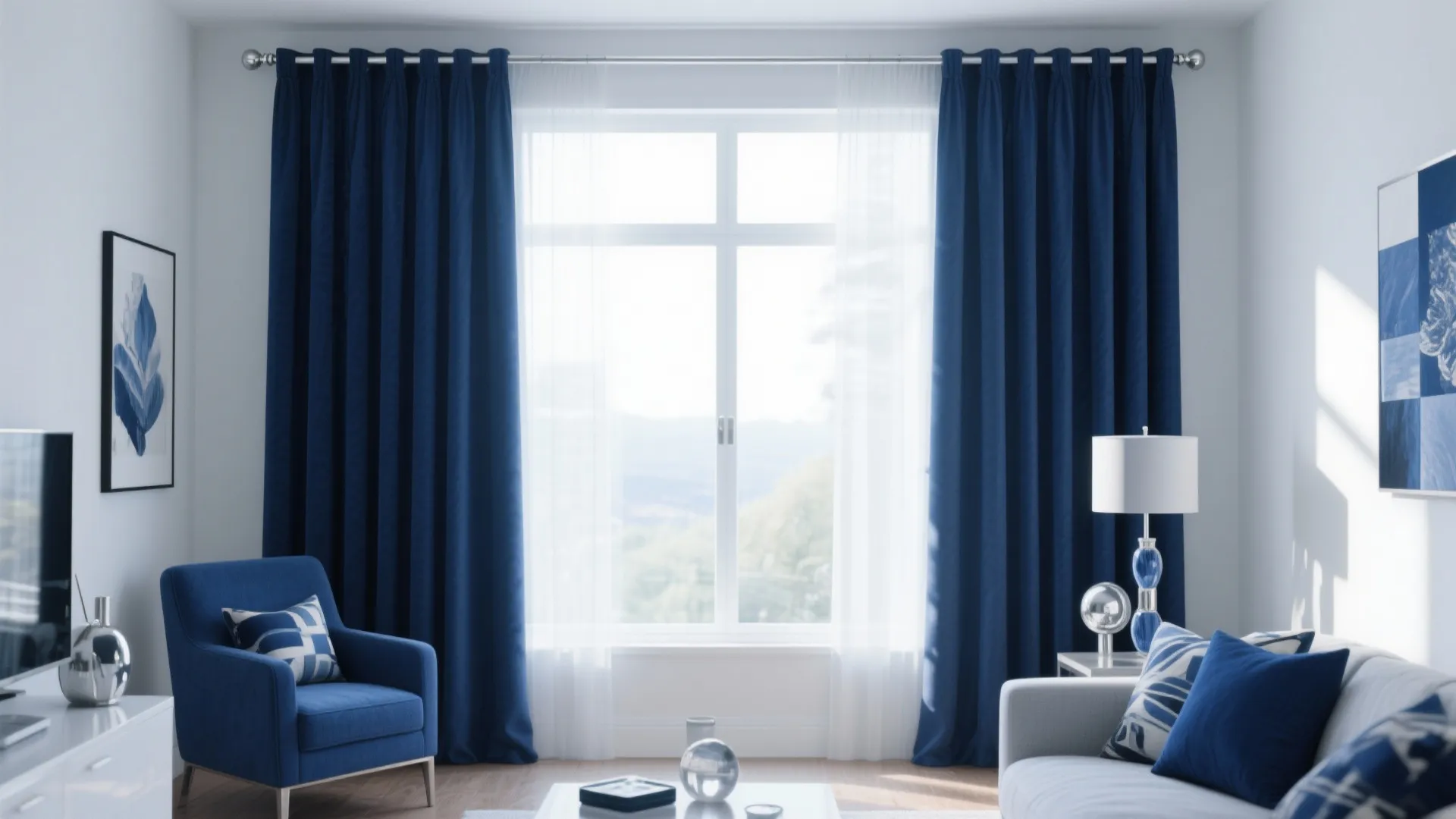 10. Blue Curtains with Silver Hardware