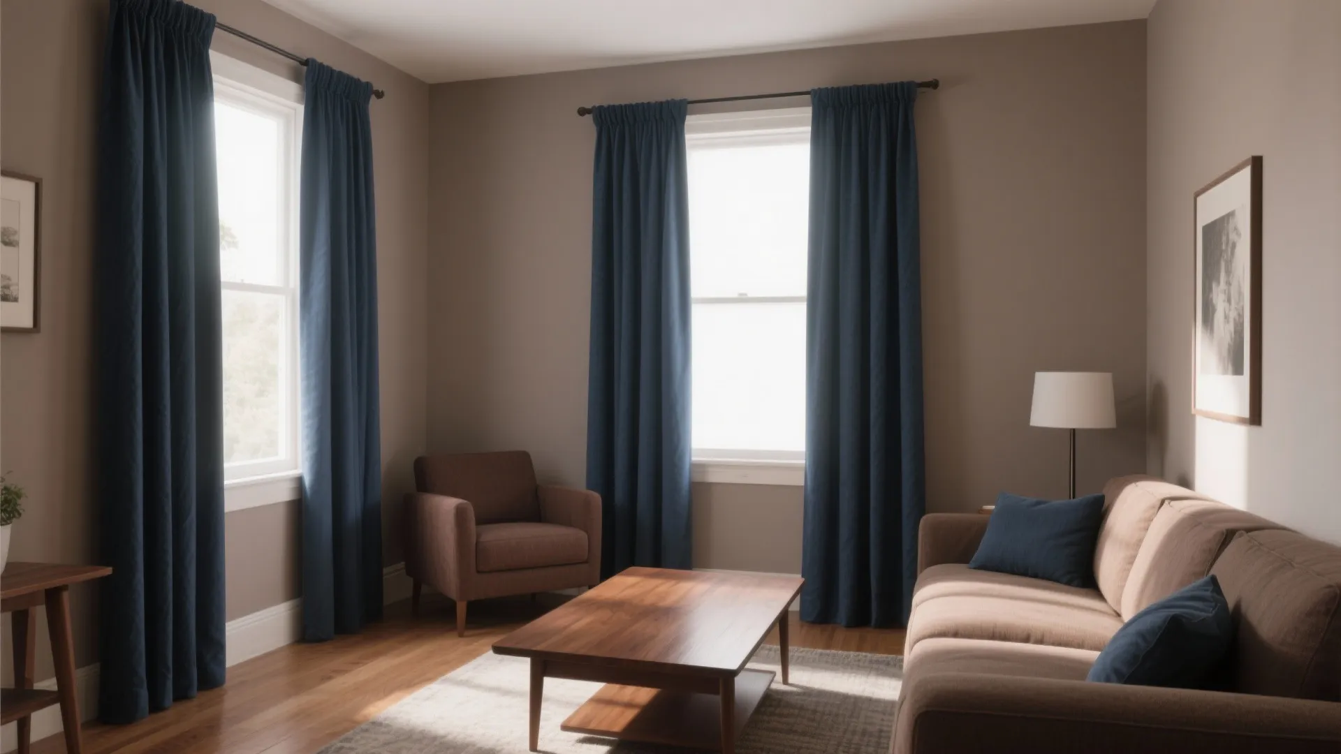7. Blue Curtains Against Taupe Walls