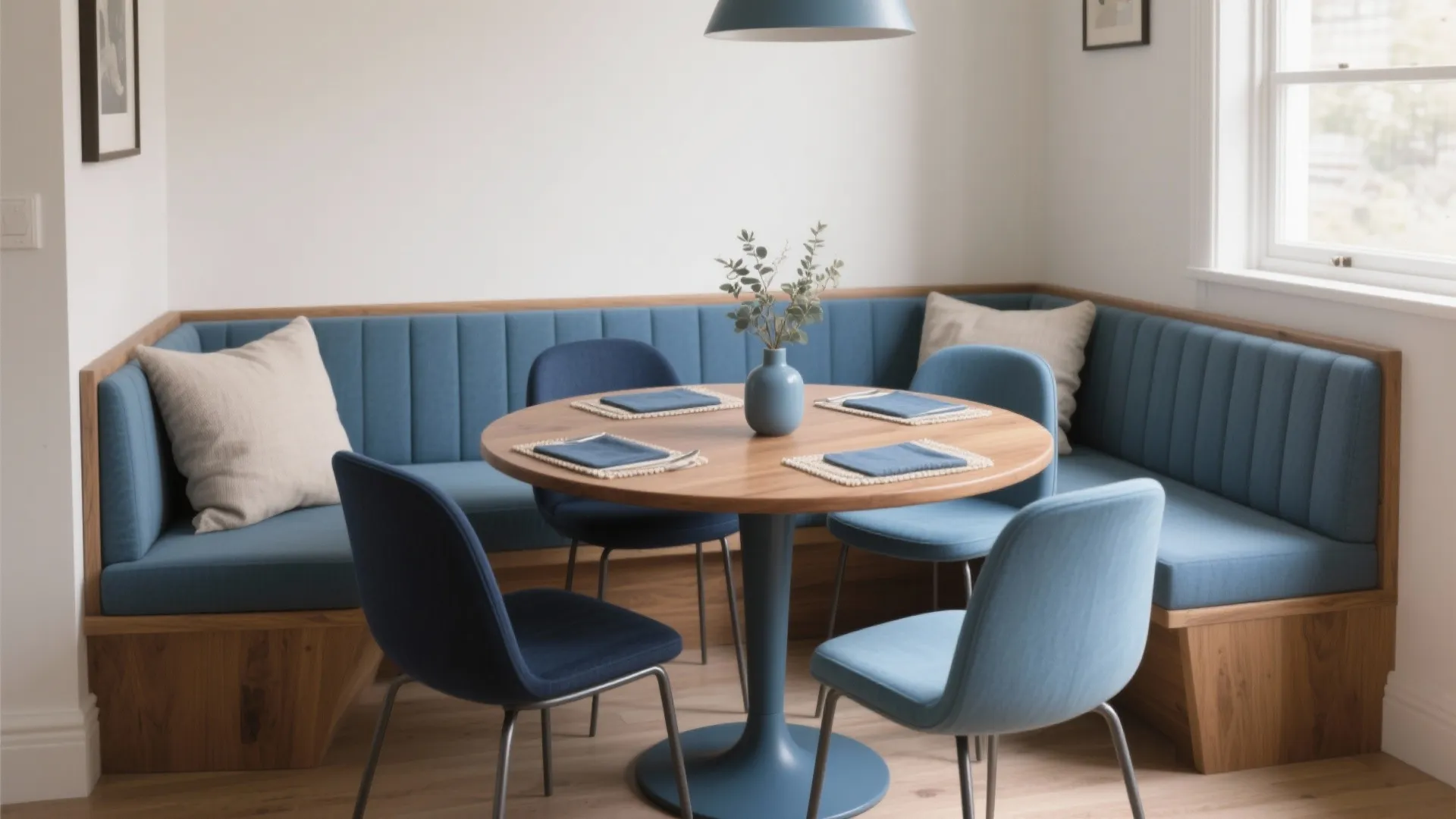 Modern dining area with blue sofa bench round wooden table blue chairs and white wall