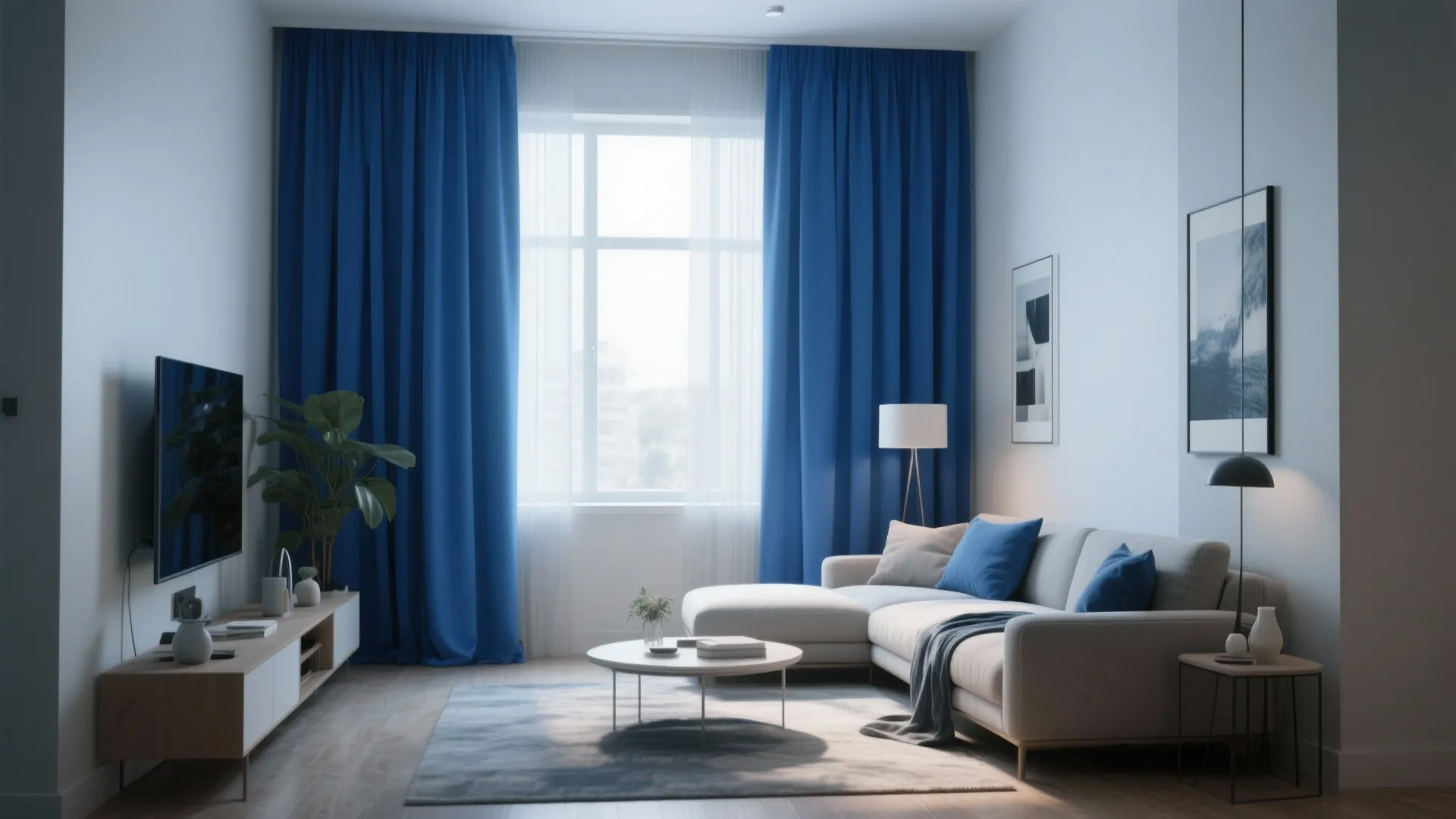 Living room featuring floor to ceiling blue curtain panels white sofa and wooden TV stand