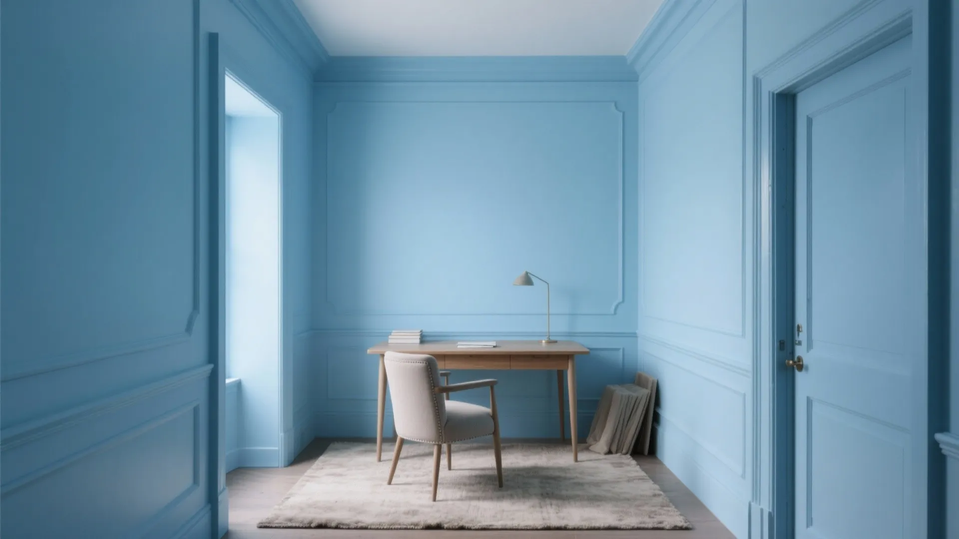 Modern blue study room with wooden desk white chair wall panel light rug and natural light