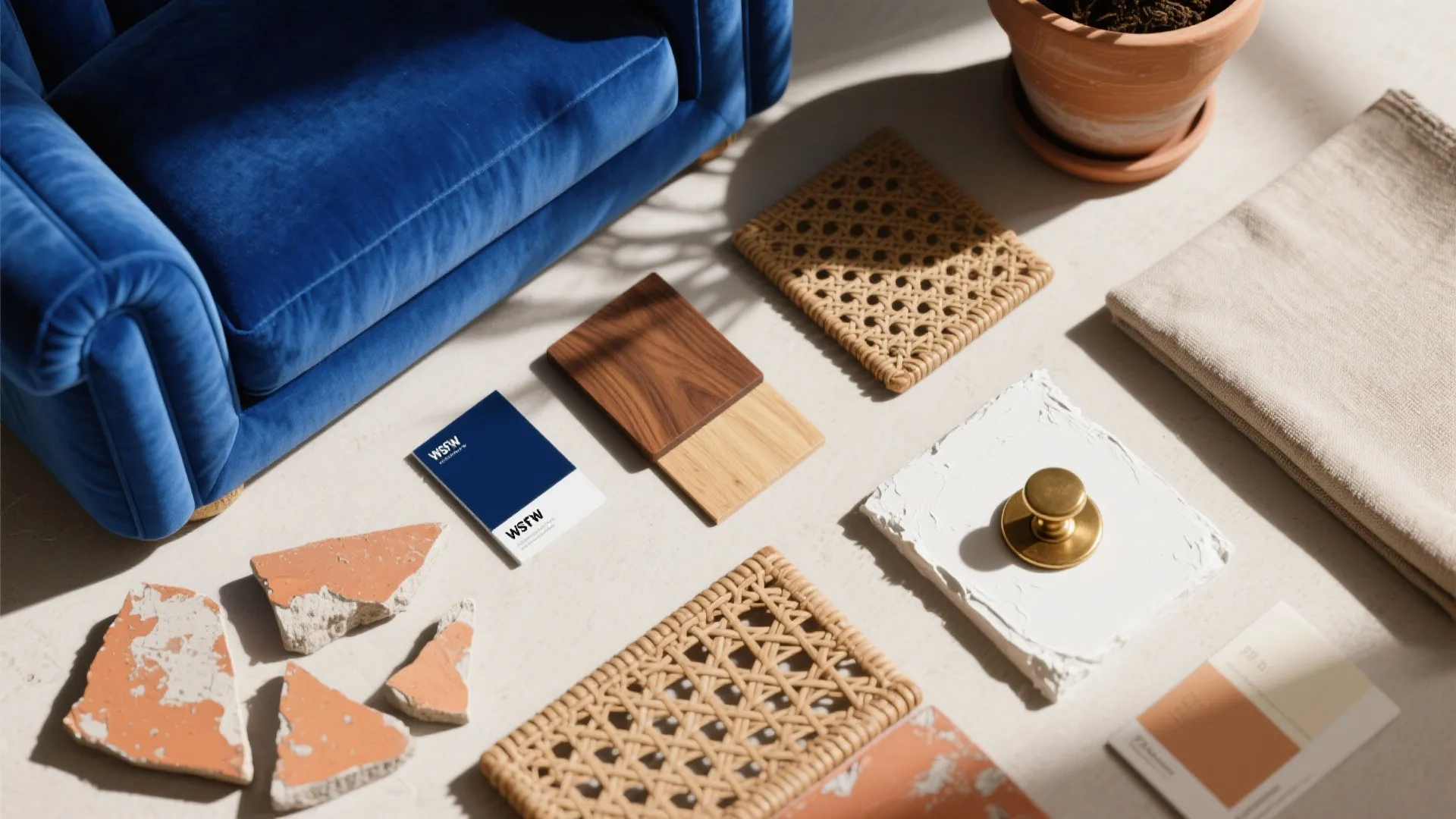 4) Blue + Earthy Materials: Wood, Terracotta, Rattan