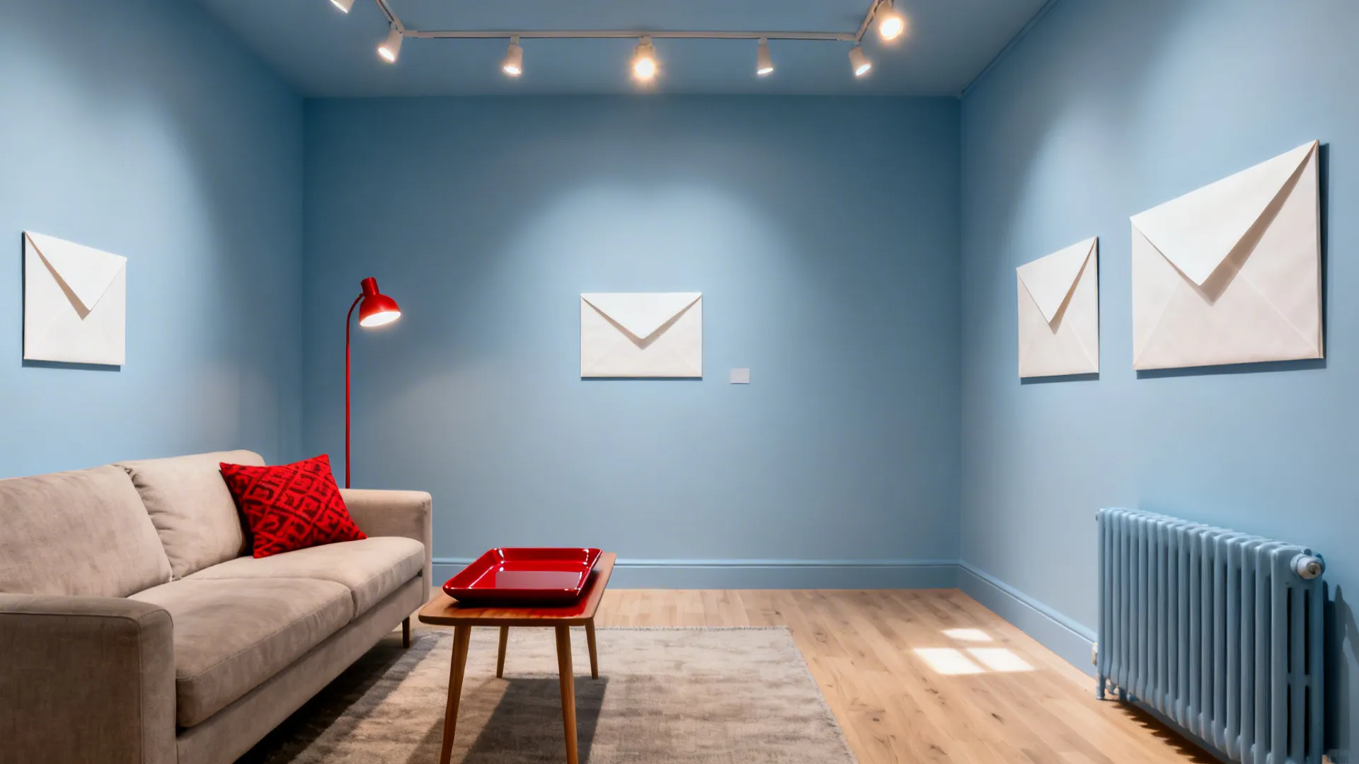 Muted blue room with ceiling and radiator painted, highlighted by three refined red accents.