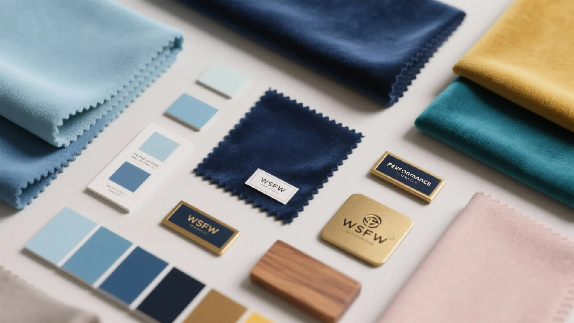 Flatlay of blue fabric swatches, color chips and material samples for sofa selection