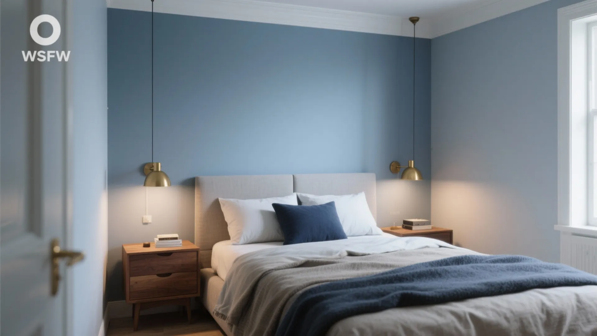 Modern bedroom with blue walls two wooden nightstands gold wall lights grey bed and pillows