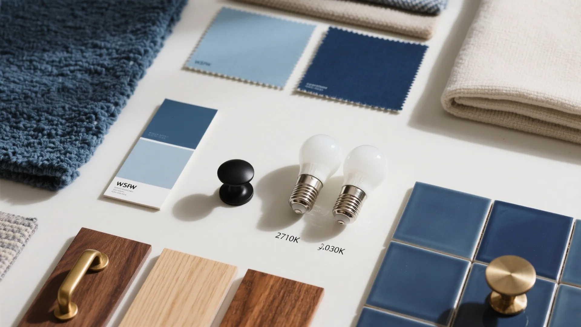 Interior design mood board with blue tiles light bulbs fabric swatches wood samples and metal hardware