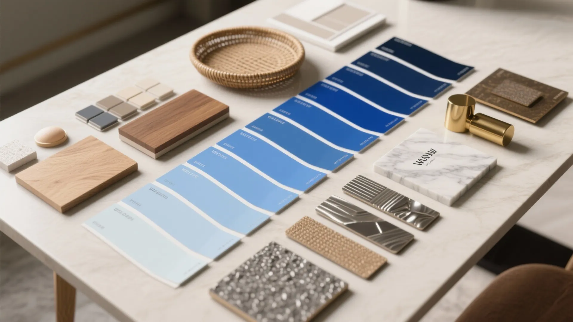 Interior design mood board with blue color palette samples wood blocks marble tile and gold hardware