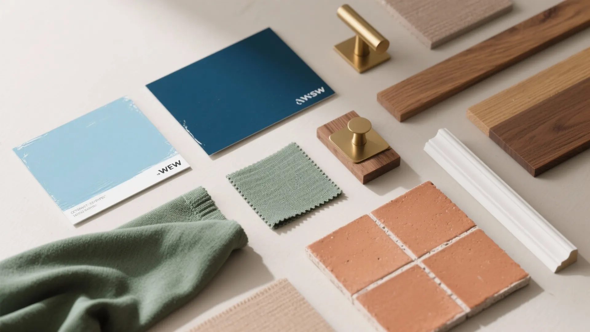 Interior design materials flatlay with blue color swatches green fabric wood planks and gold handles