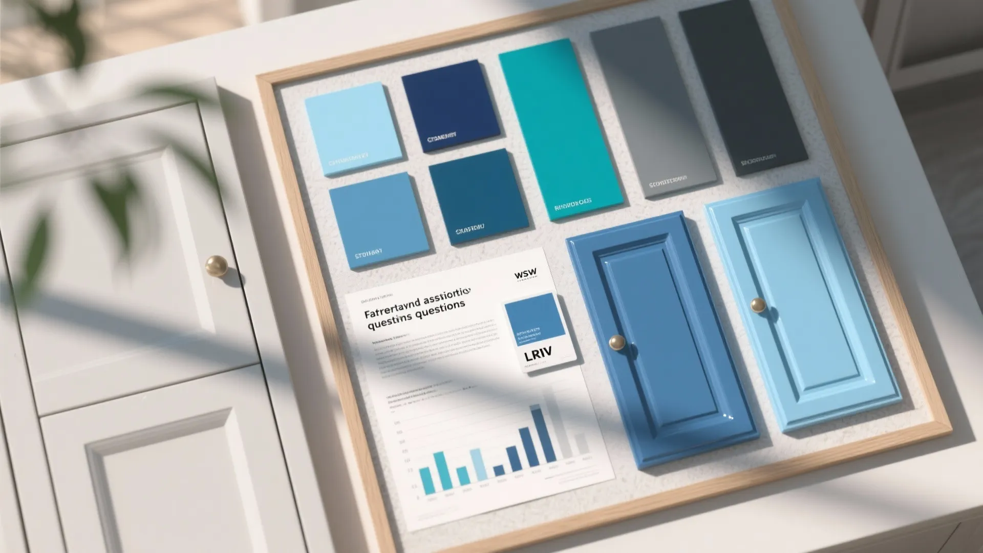 Interior design moodboard showing blue color swatches cabinet door samples and a data bar chart