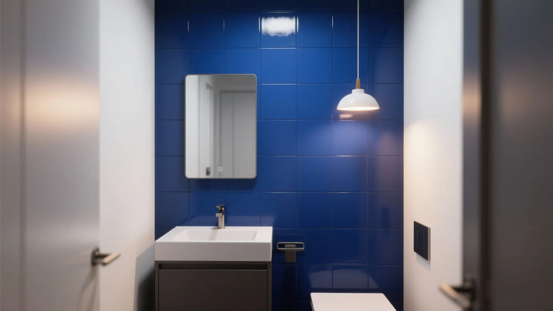 Modern bathroom with blue wall tiles white sink rectangular mirror and a white hanging light