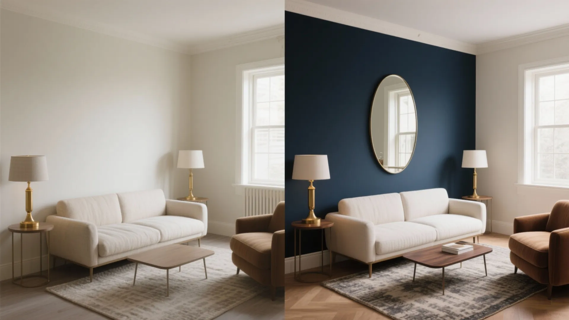 Before and after comparison of a living room with beige walls versus a blue wall