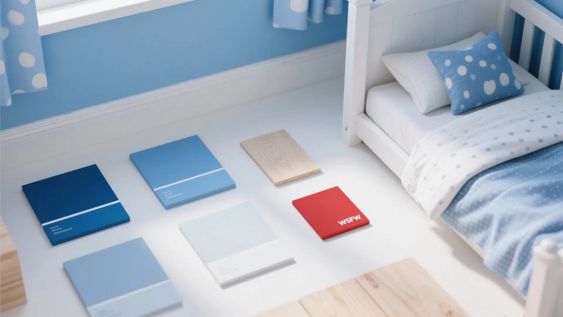 Blue and red color samples on floor next to white bed with blue polka dots