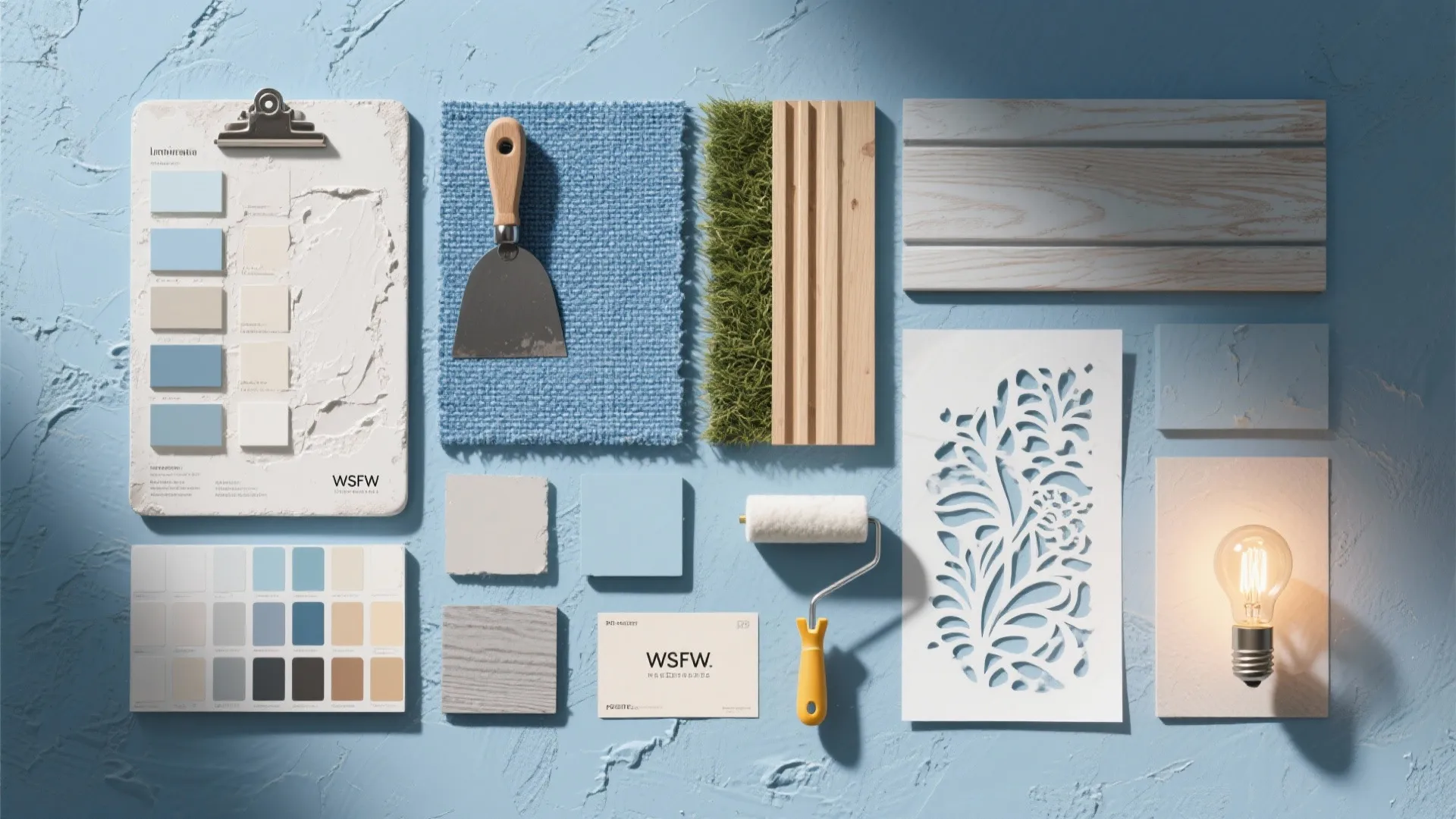 Interior design mood board with paint swatches blue fabric wood samples paint roller and bulb