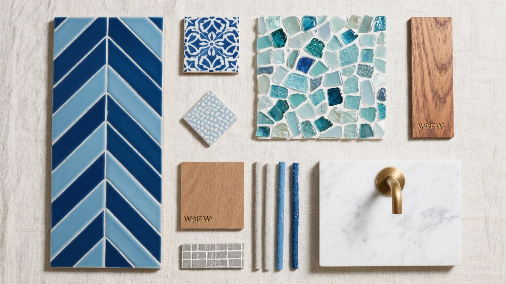 Interior design mood board with blue tiles mosaic glass wood samples and white marble gold faucet