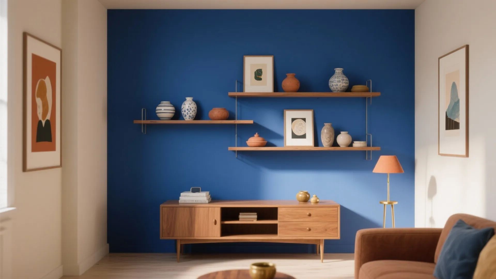 Blue wall living room with wooden floating shelves, decorative vases, picture frames, and wooden cabinet