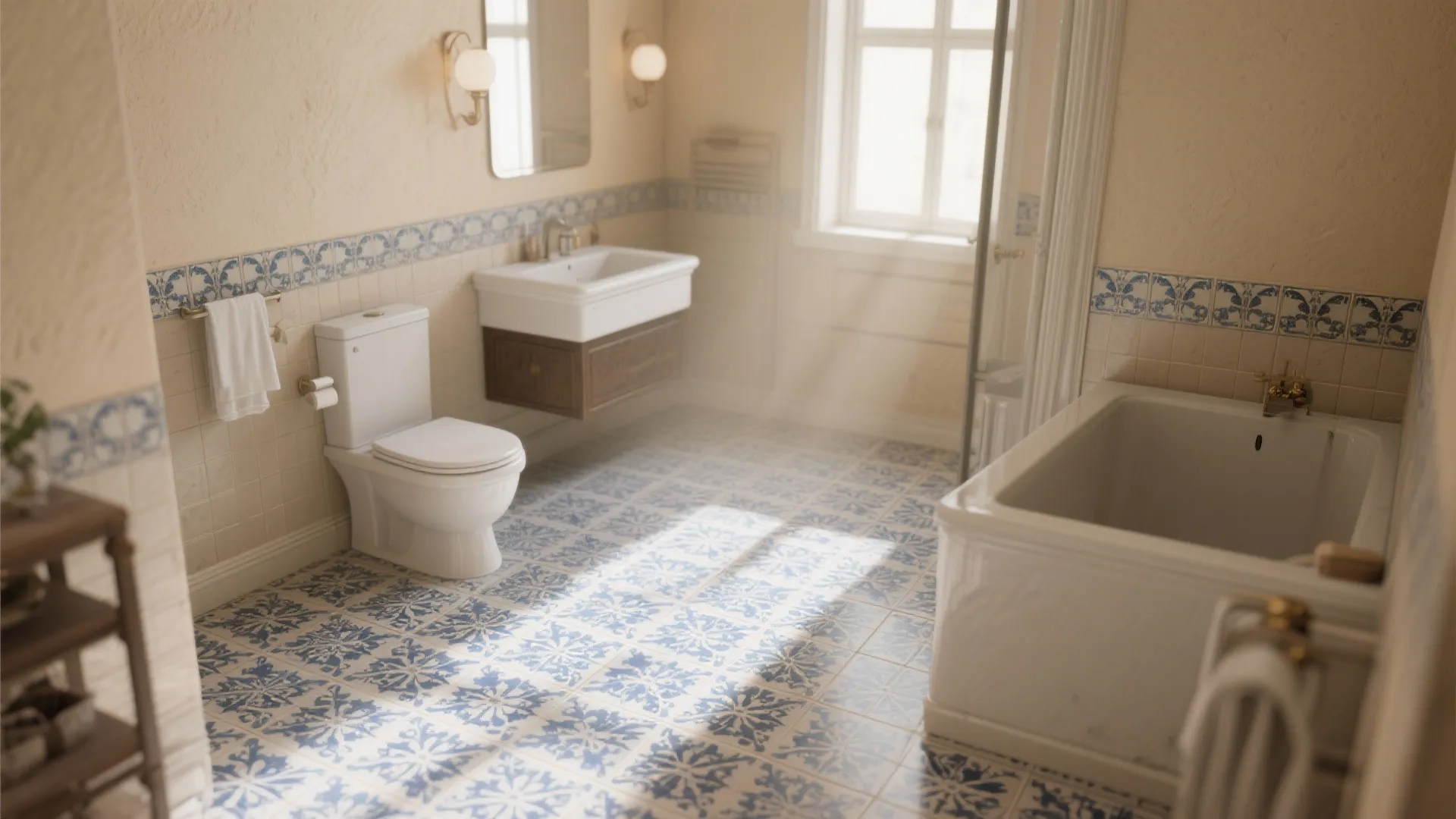 10. Blue Patterned Floor Tiles with Beige Walls