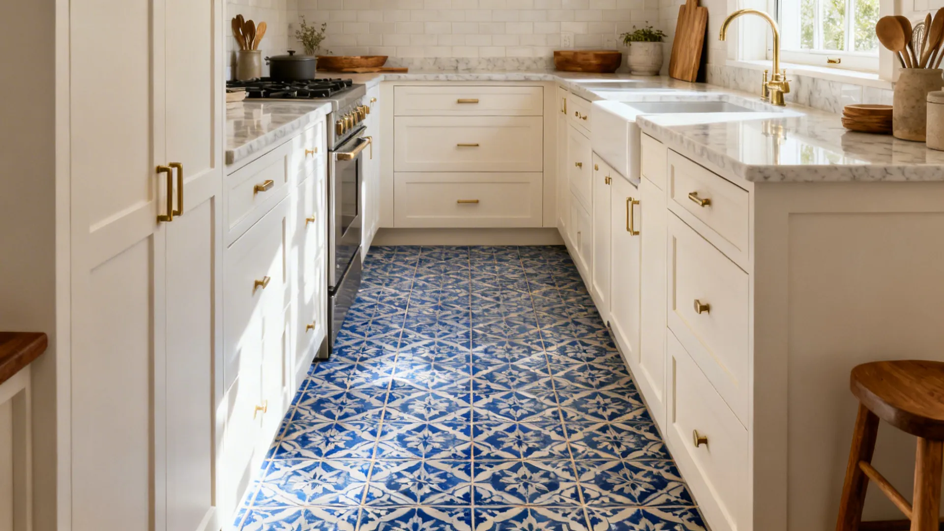 White kitchen cabinets with gold handles featuring blue patterned floor tiles and a marble countertop surface