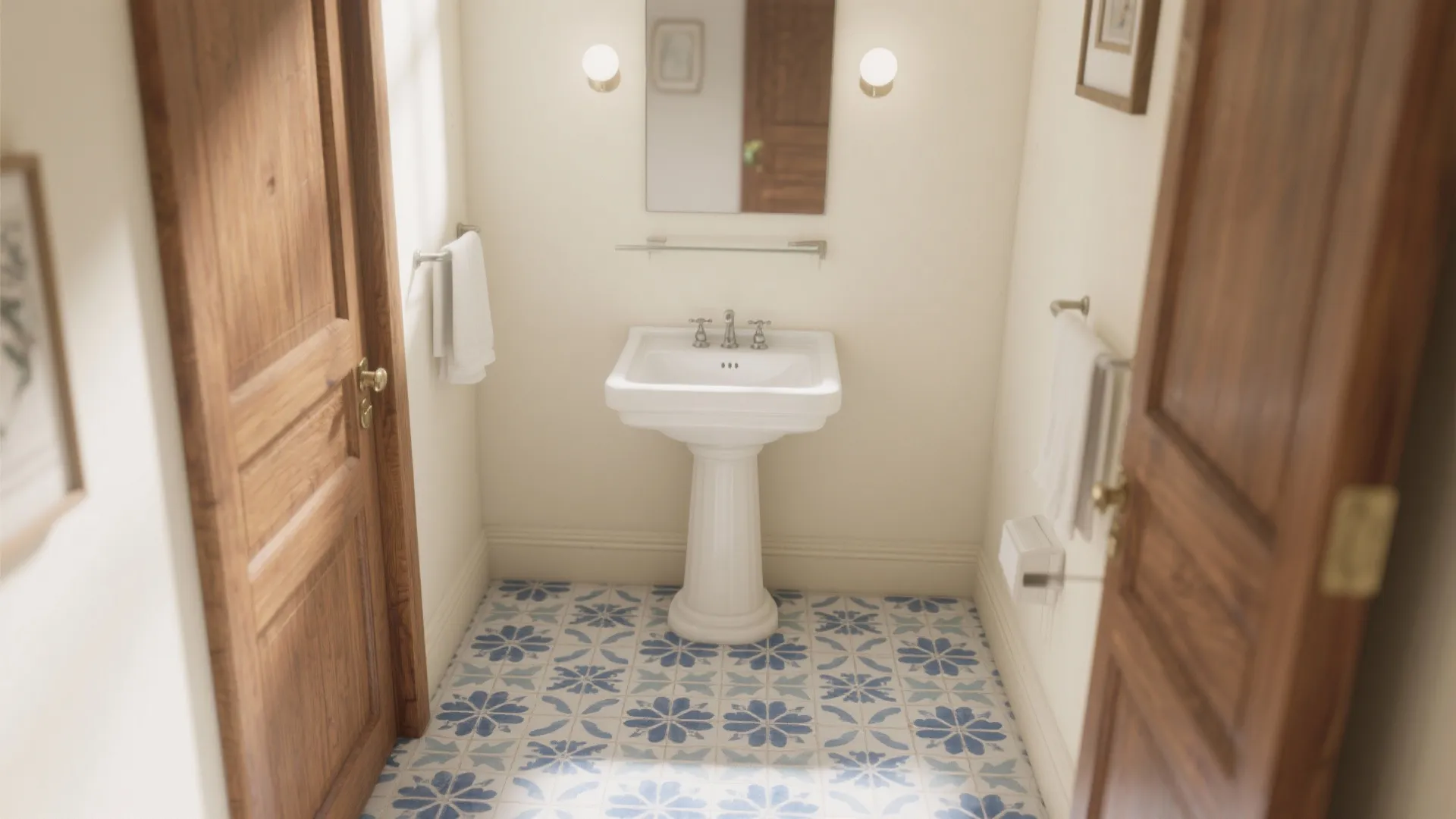 4. Blue tile floor with neutral walls for balance