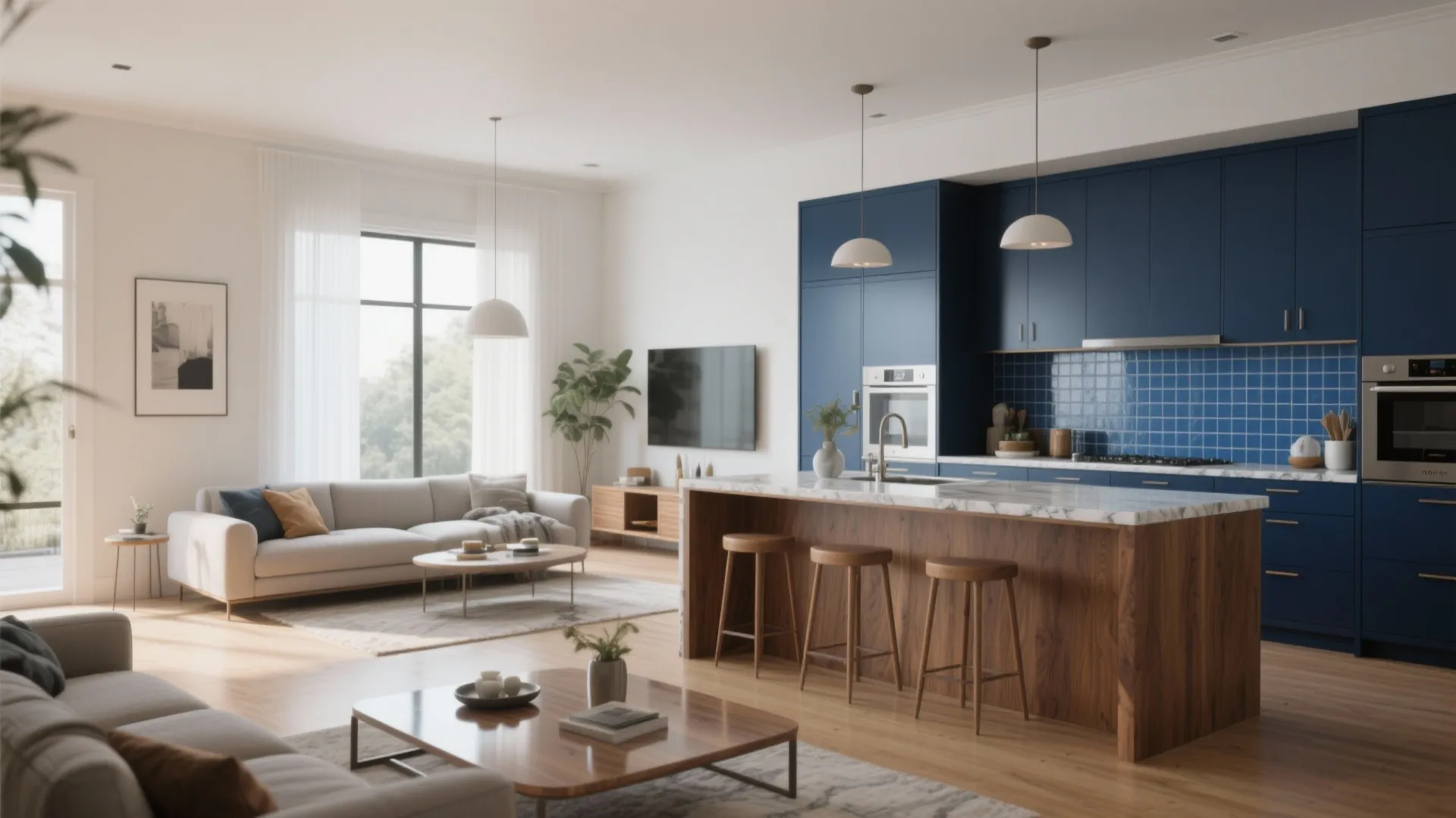 Open-plan living area leading to a kitchen with navy cabinets and blue tile backsplash for a cohesive flow.