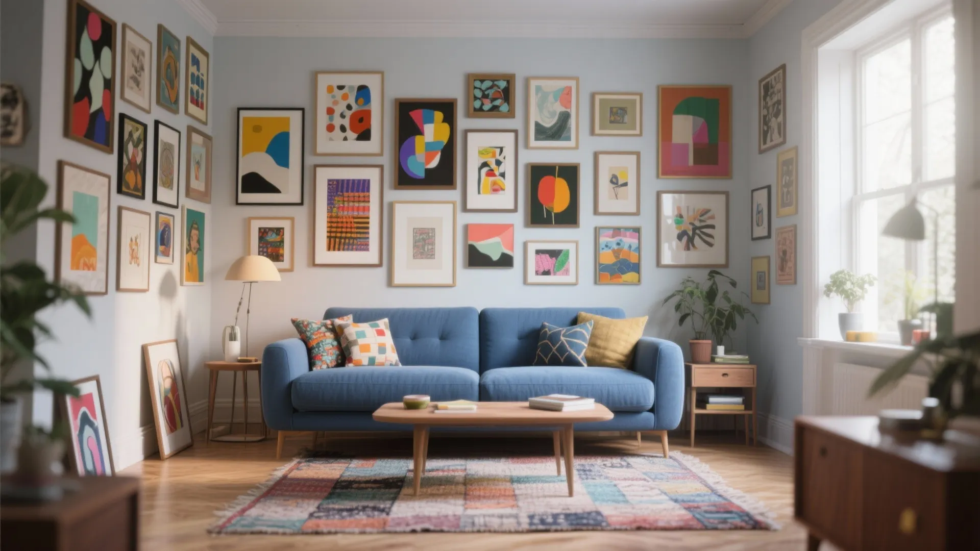 7. Blue Couch with a Gallery Wall