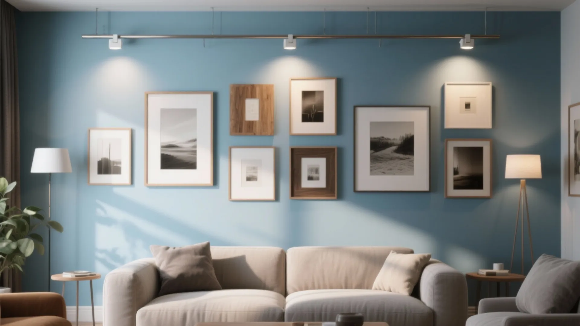 Blue, art, and lighting: creating a focal wall