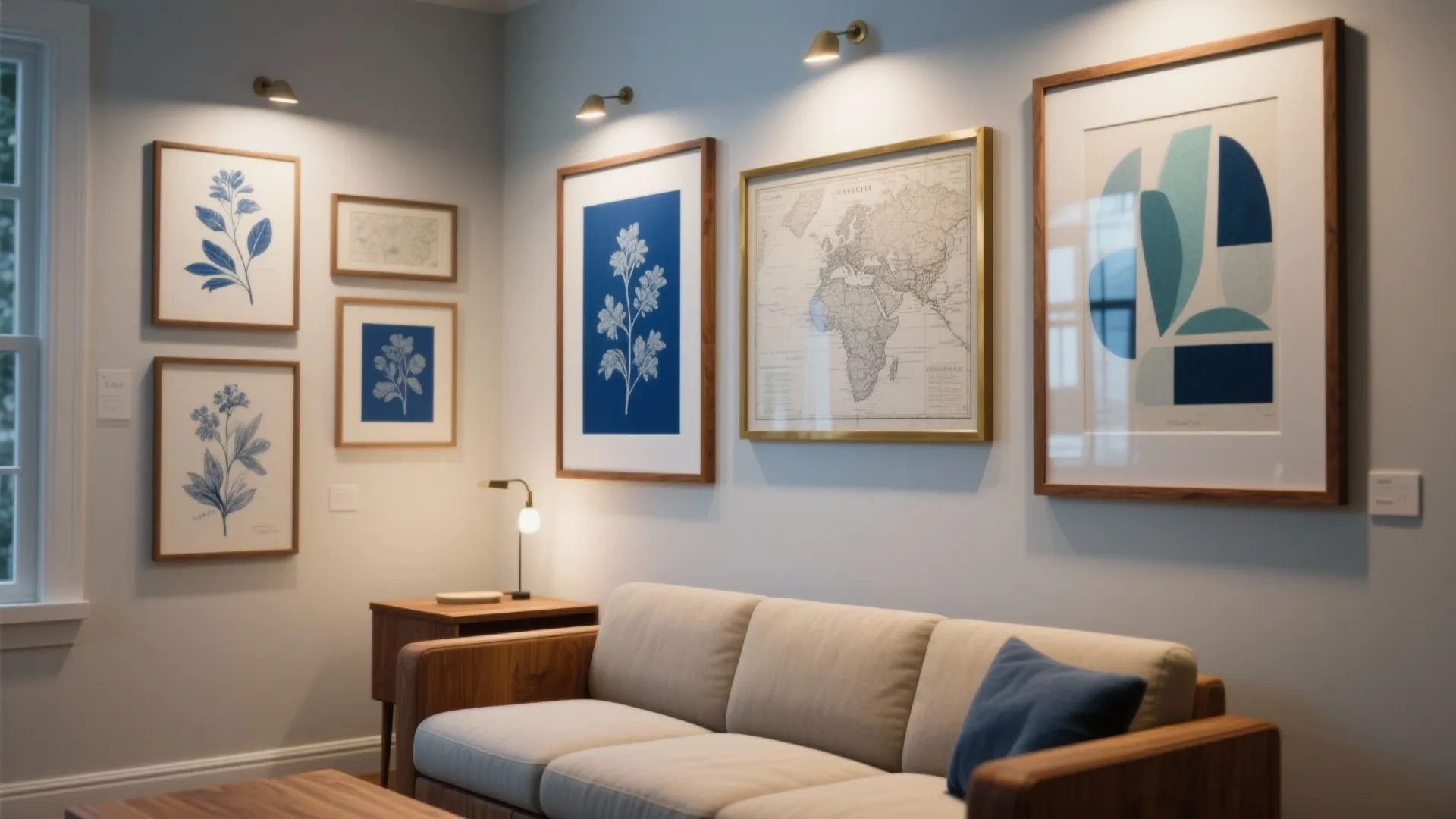 Living room with beige sofa, side table lamp, and gallery wall with various blue floral