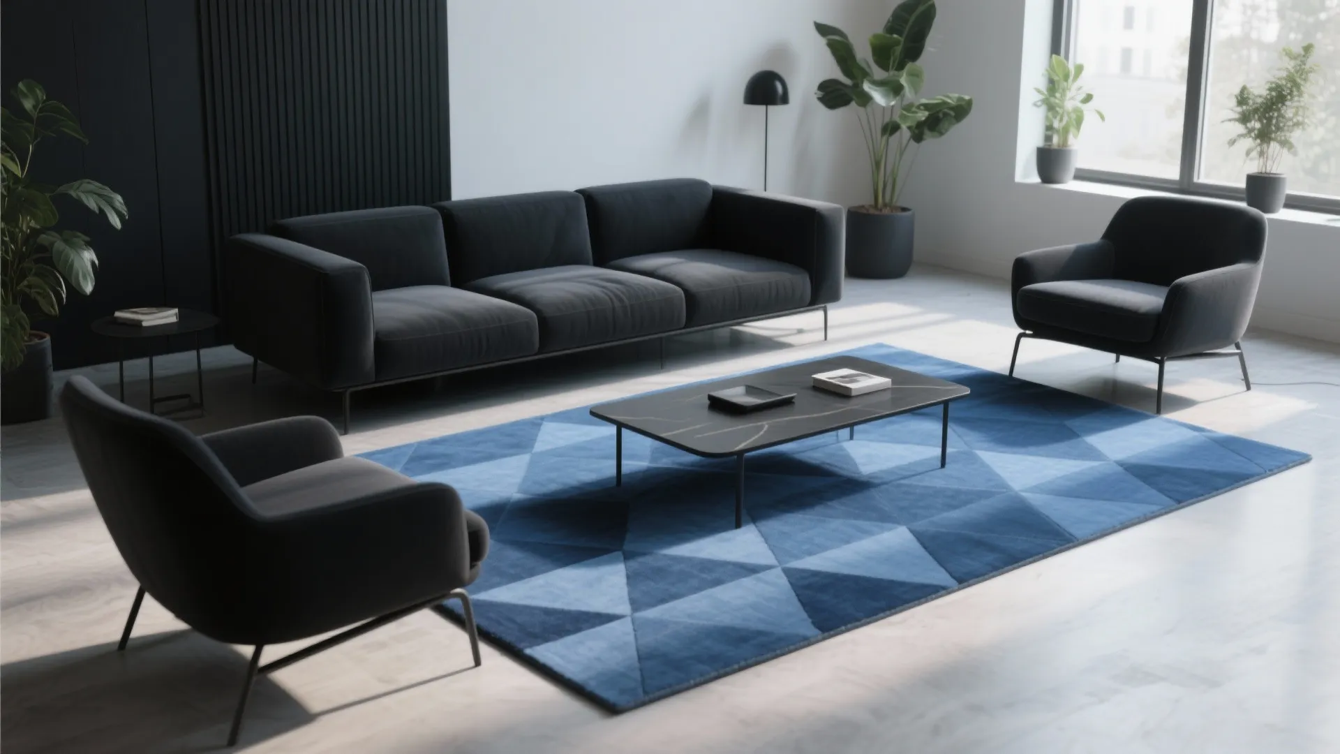 3. Pattern Play: Blue Geometric Rug + Black Furniture