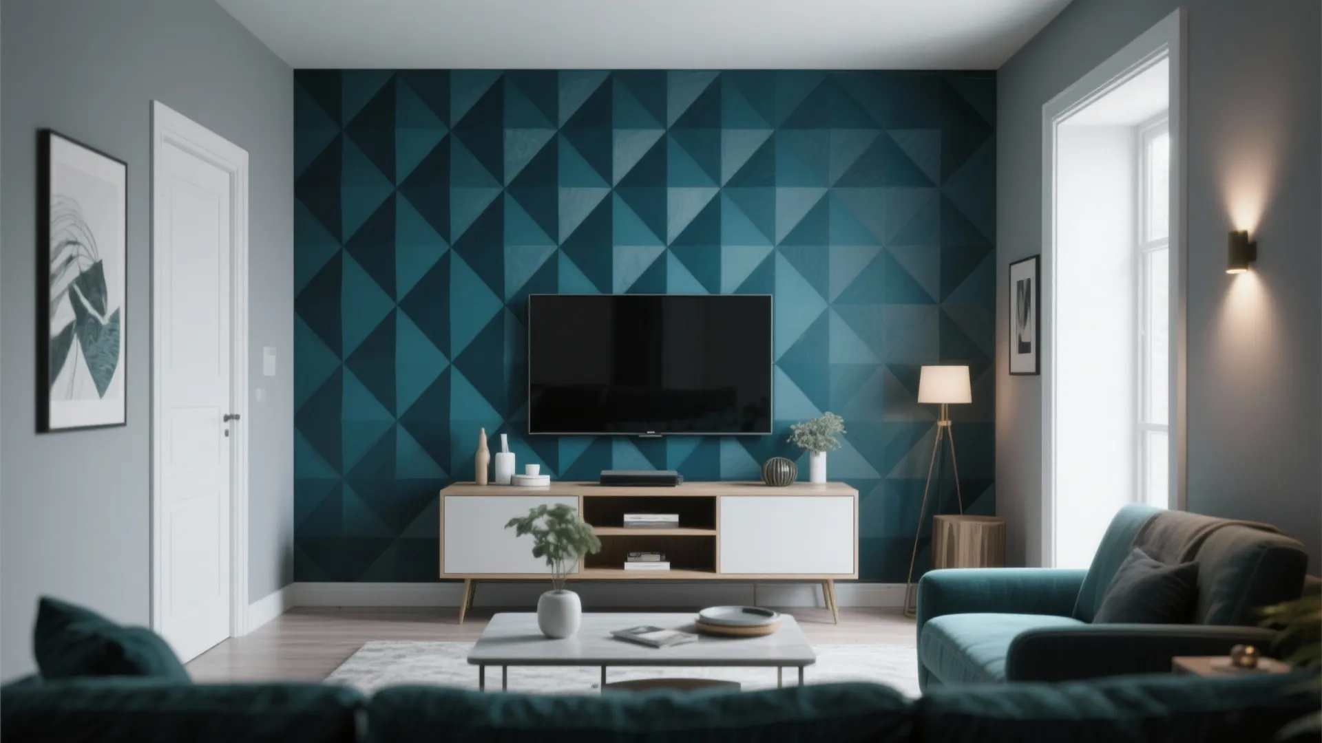 4. Accent wall with blue geometric pattern