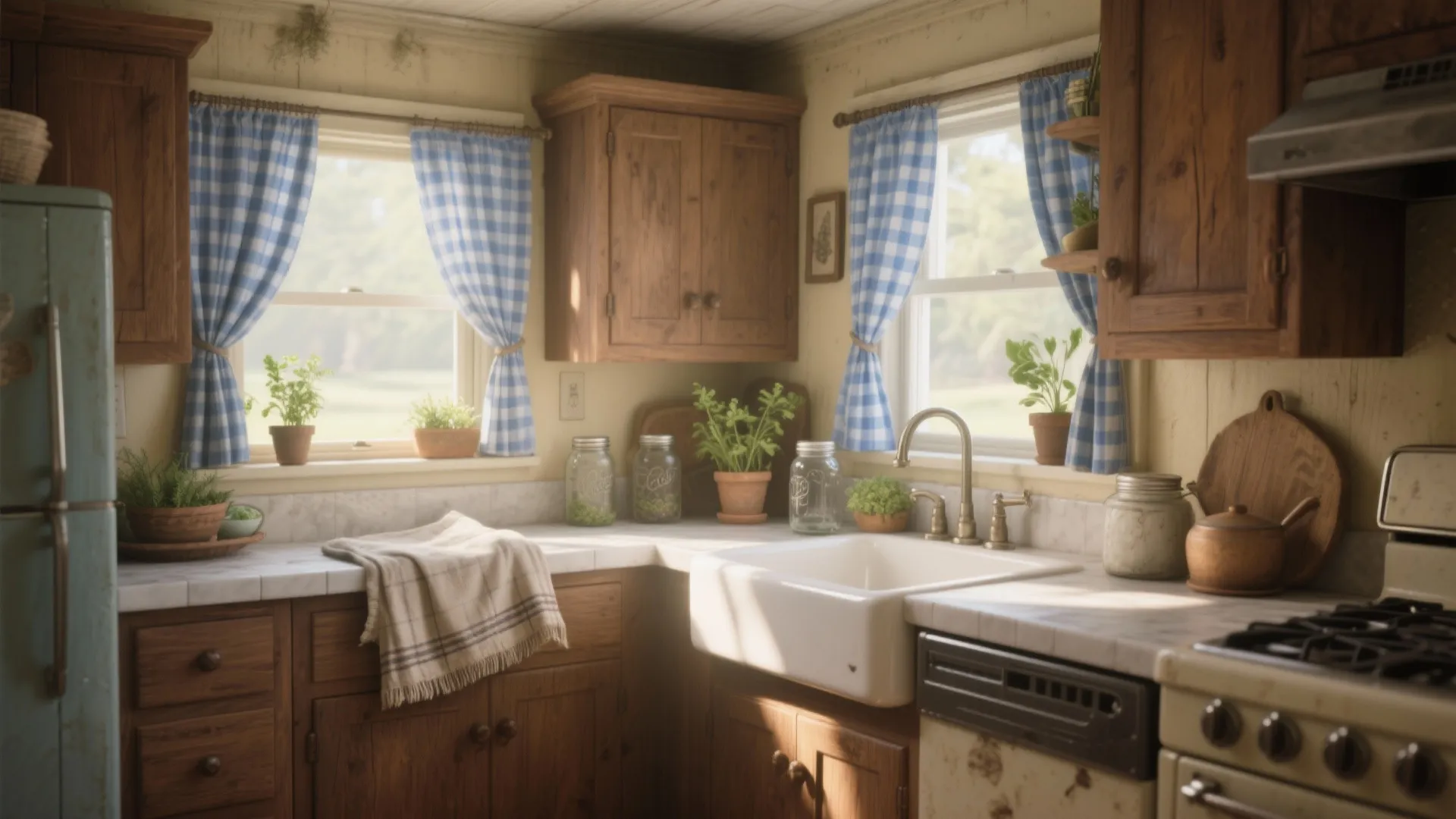 Rustic kitchen with wooden cabinets white sink blue checked curtains and small green potted plants