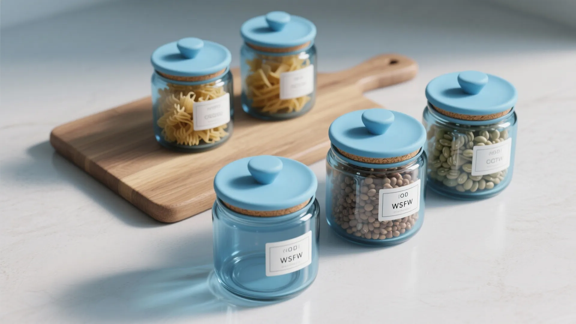 Blue glass jars with light blue lids on a wooden board and a white table
