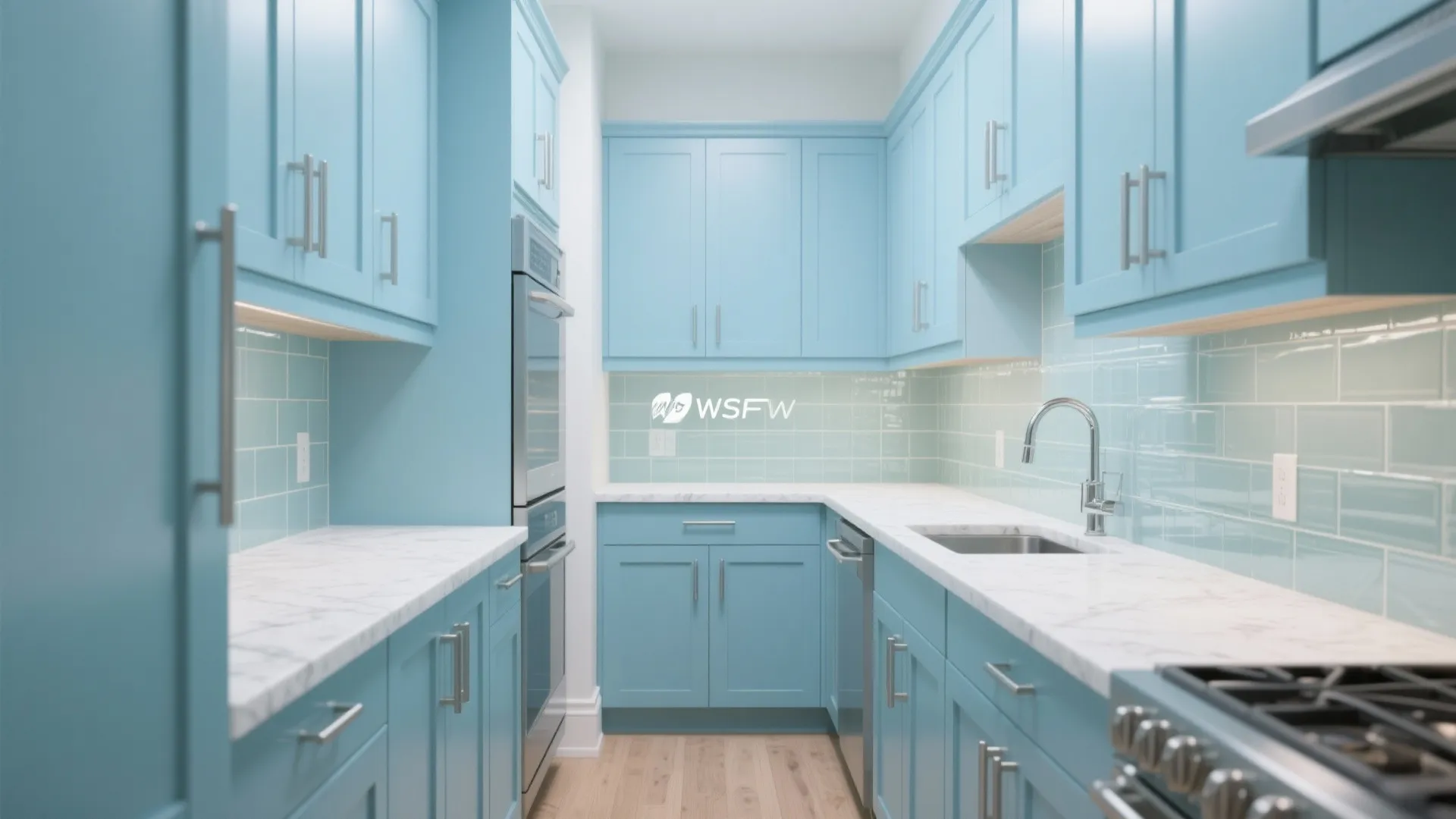 Blue-and-Glass in Compact Kitchens