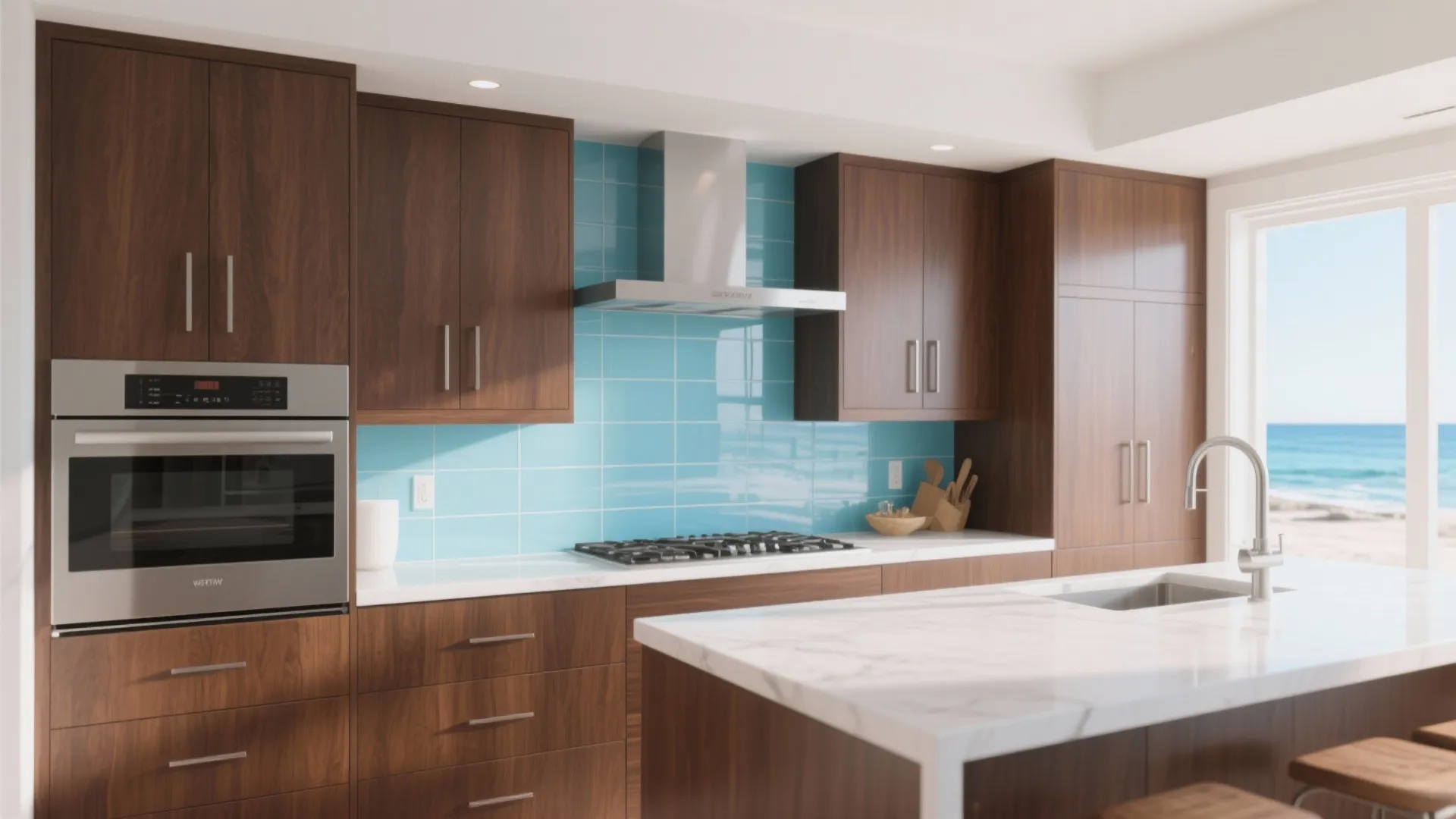 Modern kitchen with dark wood cabinets blue tile wall white marble island and ocean view