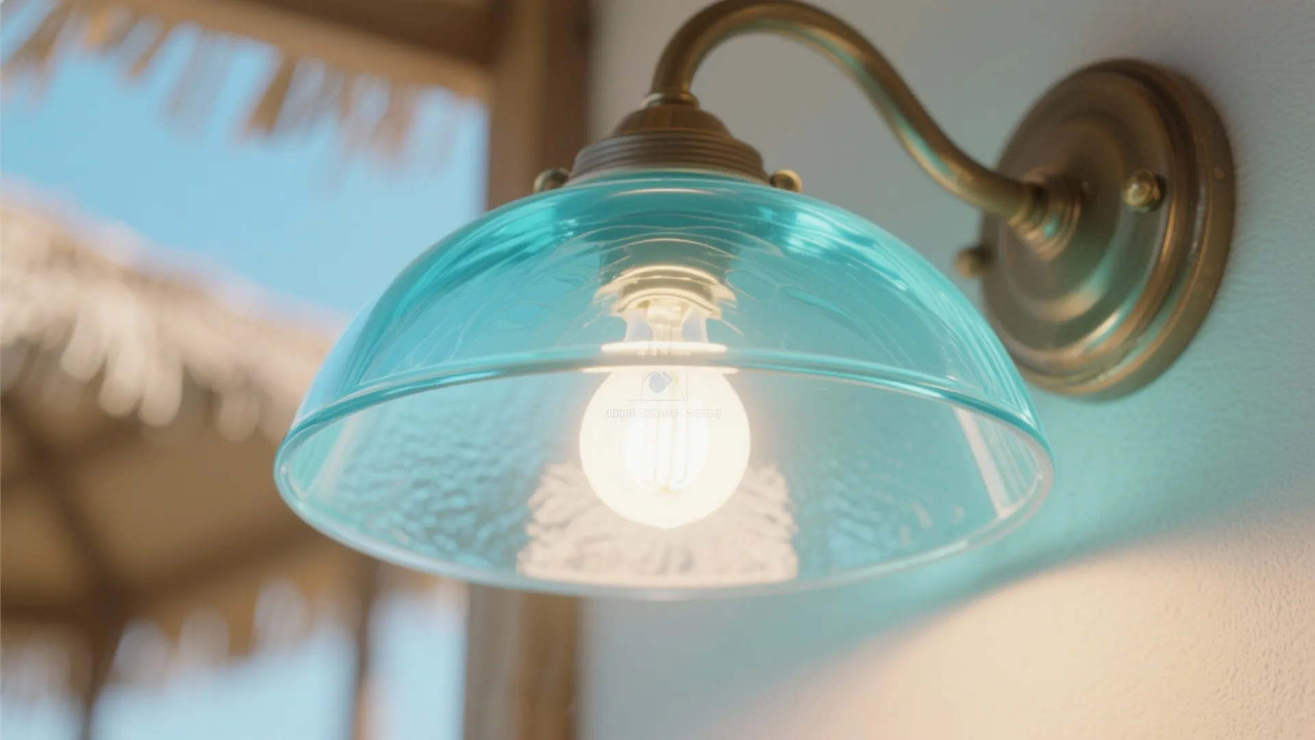 Close up of a brass wall light with a blue glass shade and glowing bulb