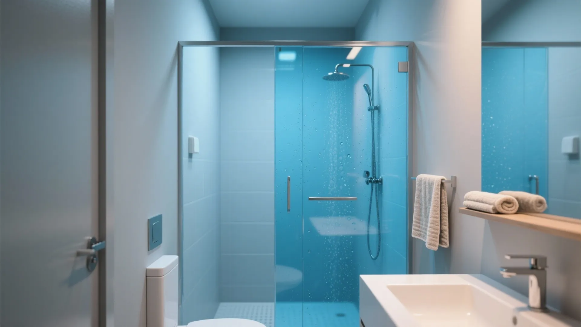 3. Blue Glass Shower with Soft Grey Walls