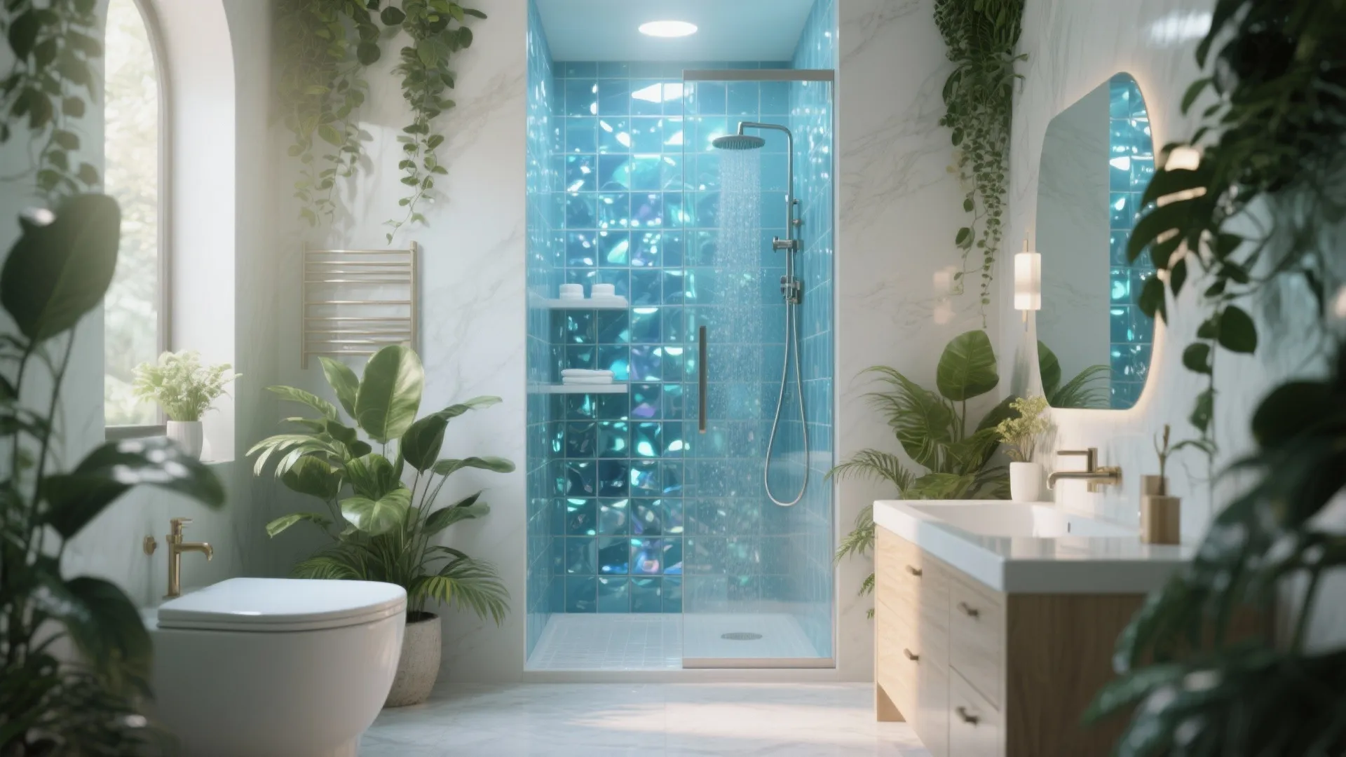 6. Spa Vibes with Blue Glass Tiles