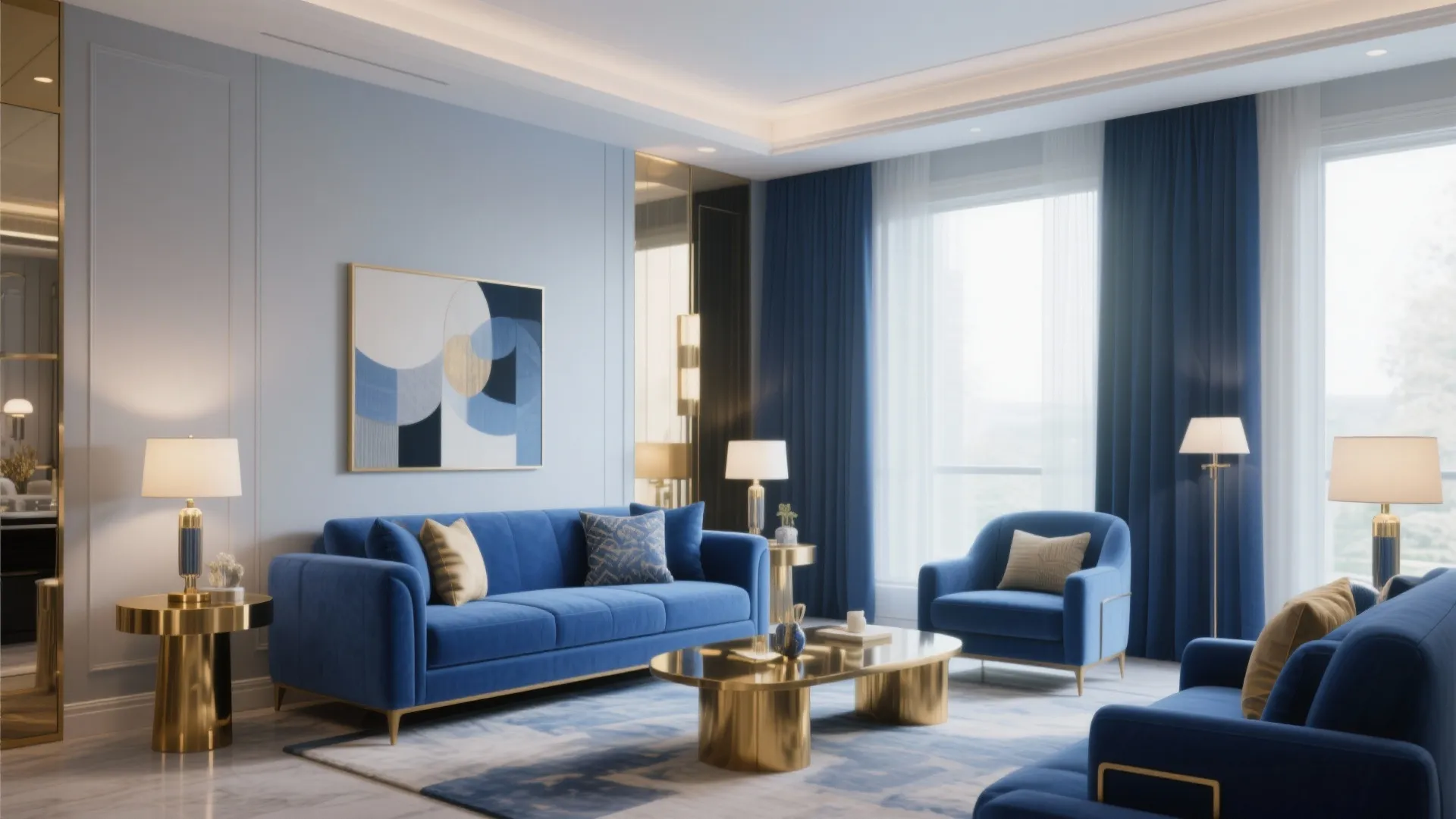 Modern living room with blue velvet sofa gold coffee table dark curtains and light fixtures