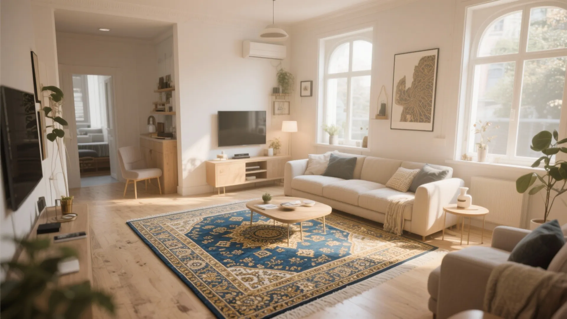 Bright living room with white sofa blue patterned rug wooden floor television and large windows