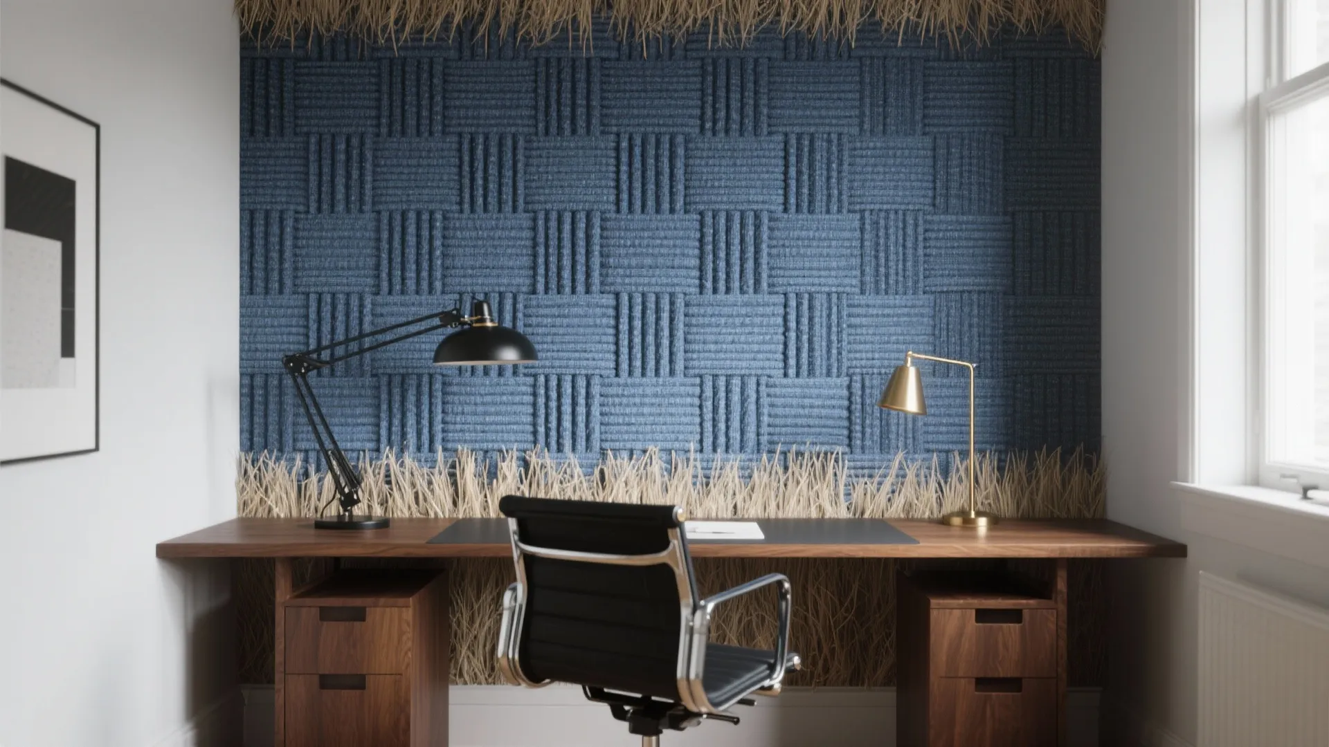 Modern home office with blue textured wall wooden desk black chair and two table lamps