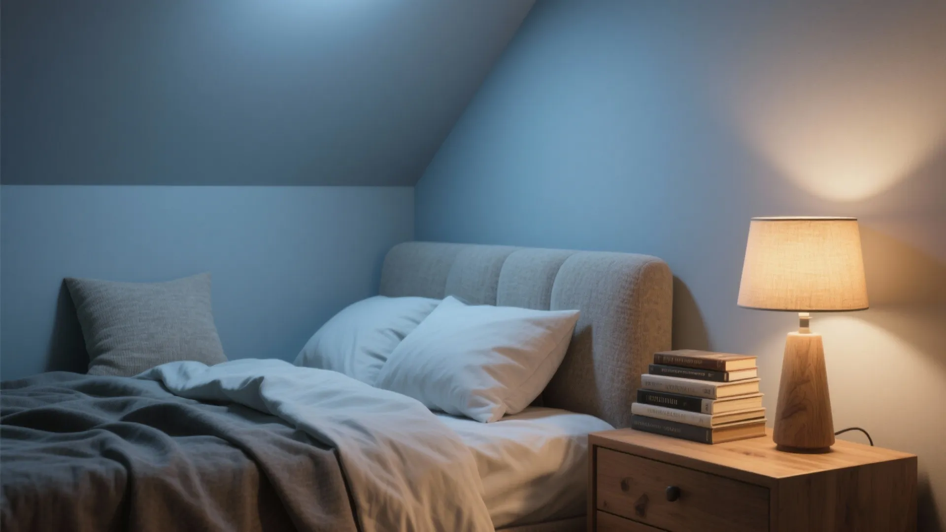 Cozy bedroom with blue walls sloped ceiling white bed linens bedside table and warm lamp
