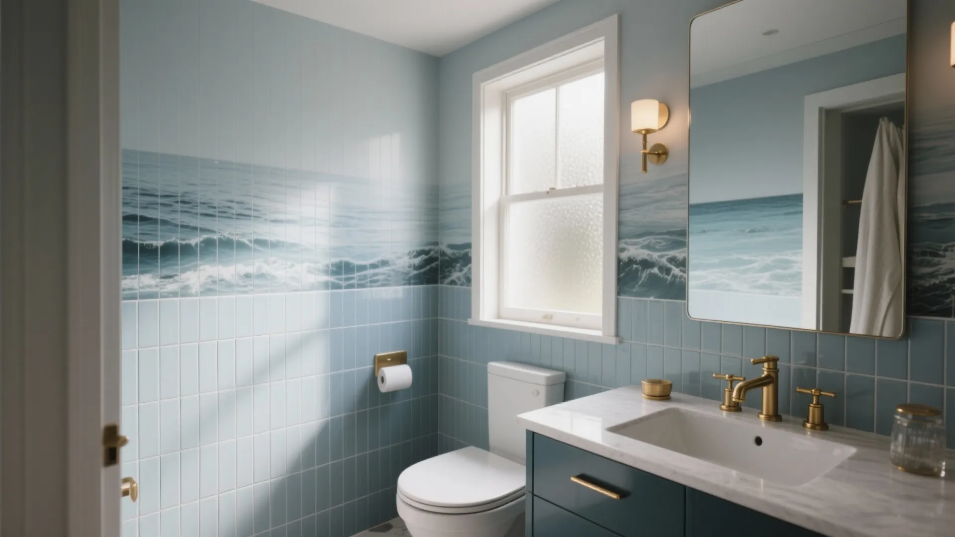 Modern bathroom with wave pattern wall tiles white toilet blue vanity and gold faucet fixtures