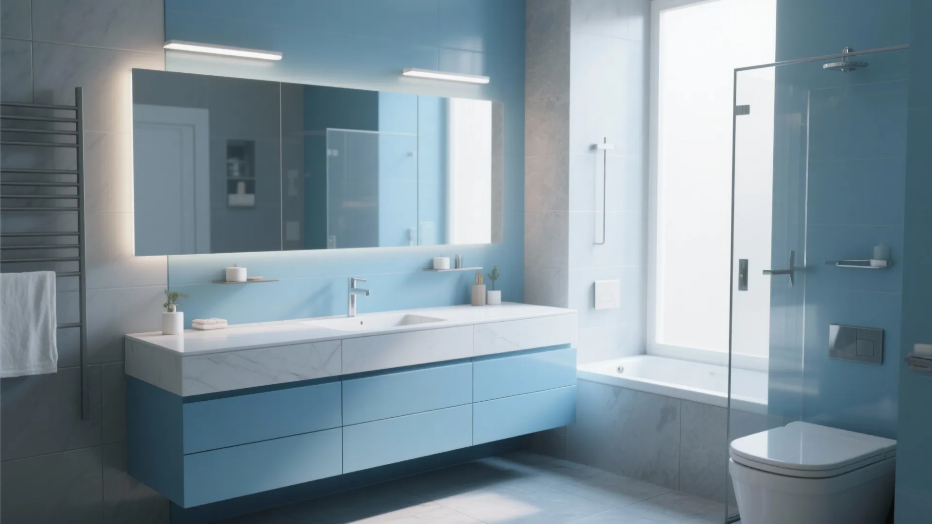 Spacious light blue bathroom with long double sink cabinet and a white bathtub and toilet