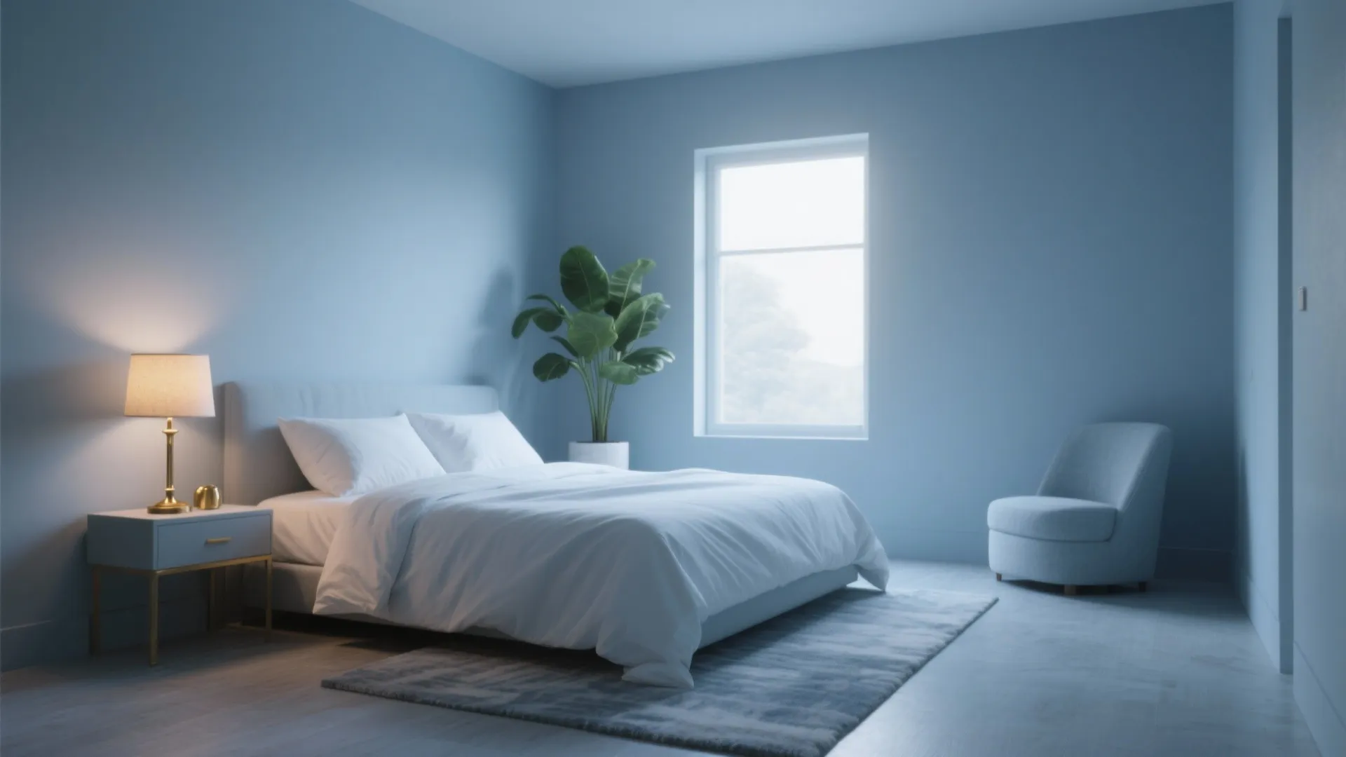 Modern blue bedroom with white bed, gold table lamp, green plant, armchair, and grey rug