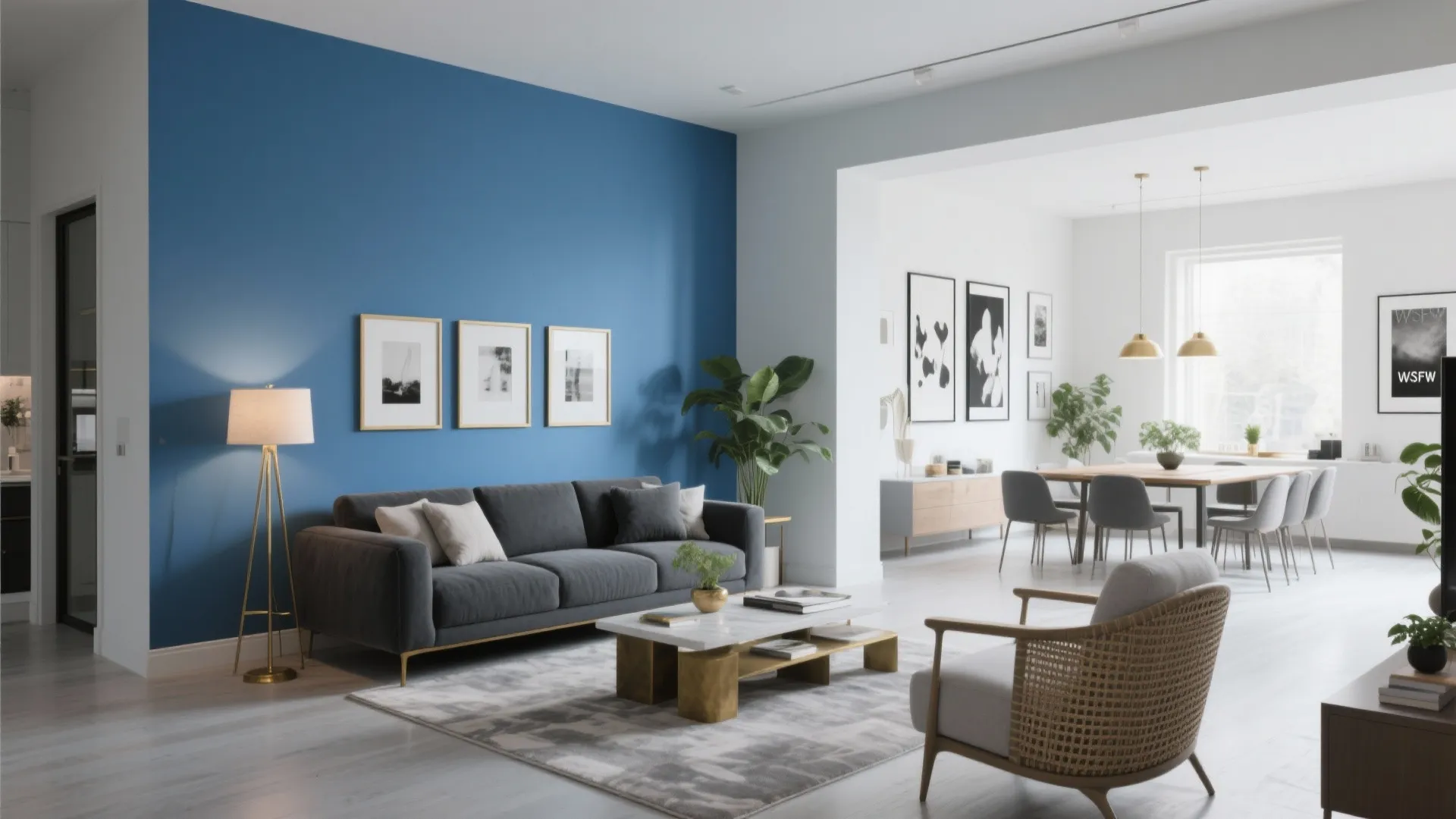 Sky blue + charcoal gray + brass (modern and tailored)