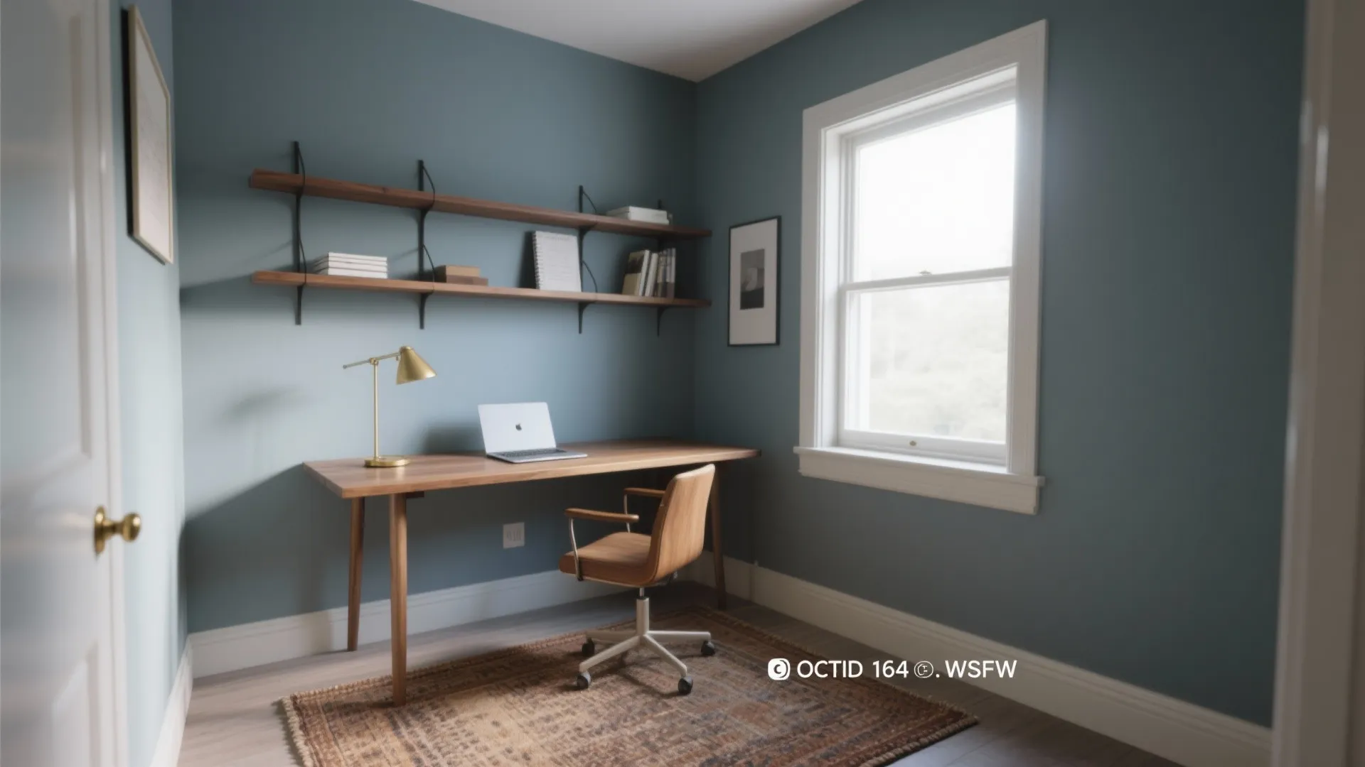 Small office with muted blue-gray walls, wooden desk and brass accents creating a focused atmosphere.